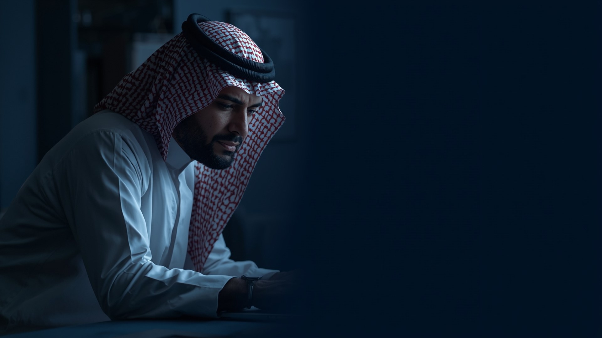 صاحب محل سعودي بالثوب يميل نحو لابتوبه بحيرة في مكتب هادئ