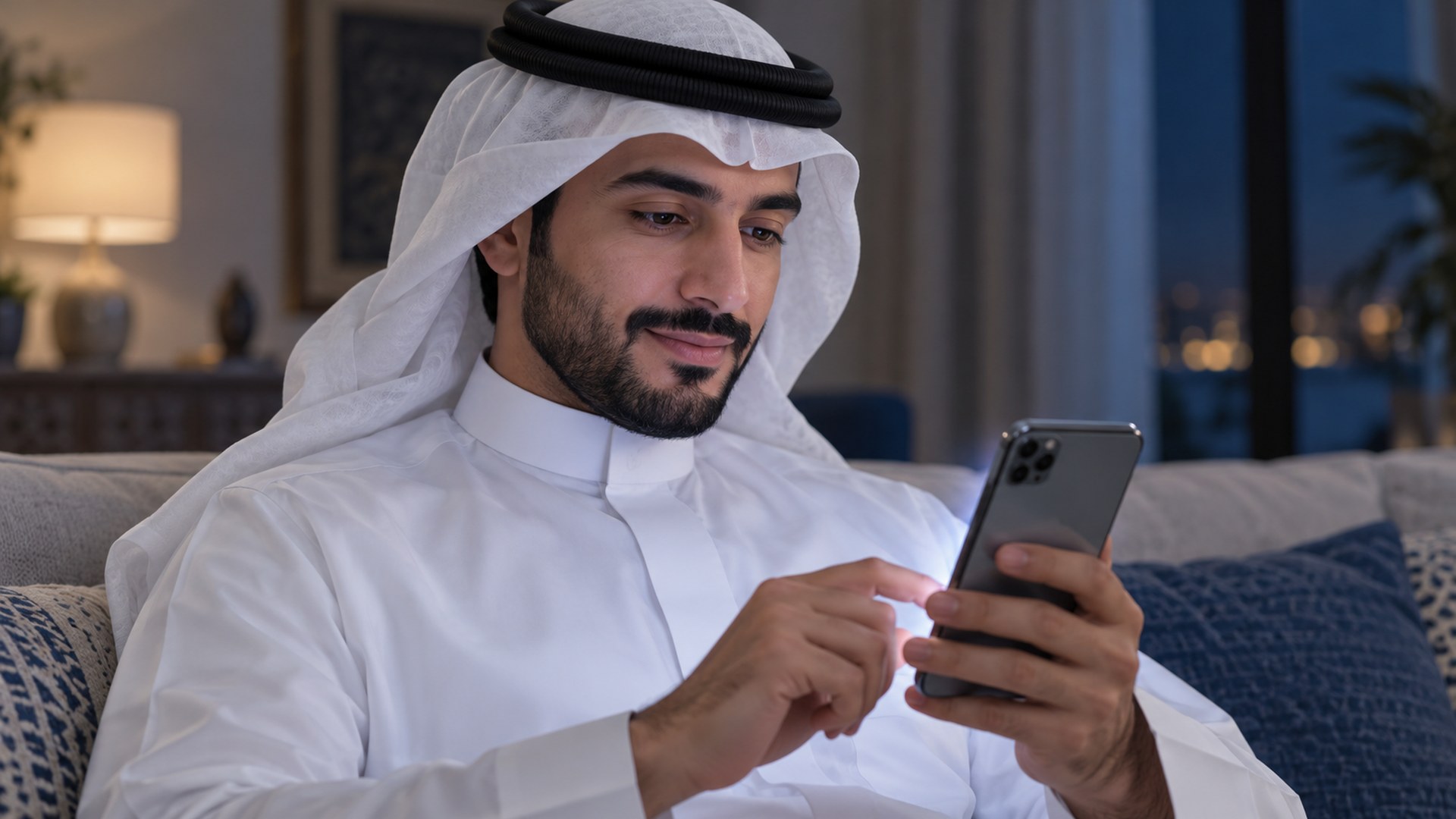 متسوق سعودي يراجع صفحة دفع بسيطة على جواله في البيت