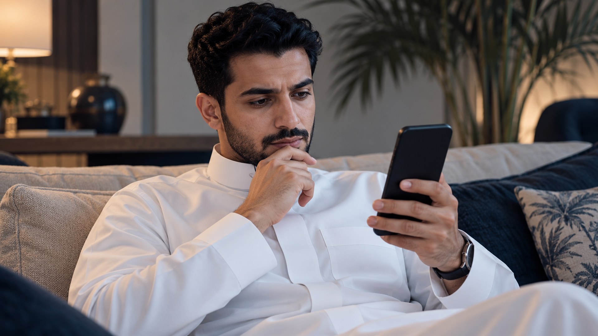 متسوق سعودي يفكر في منتج على جواله وهو جالس في البيت