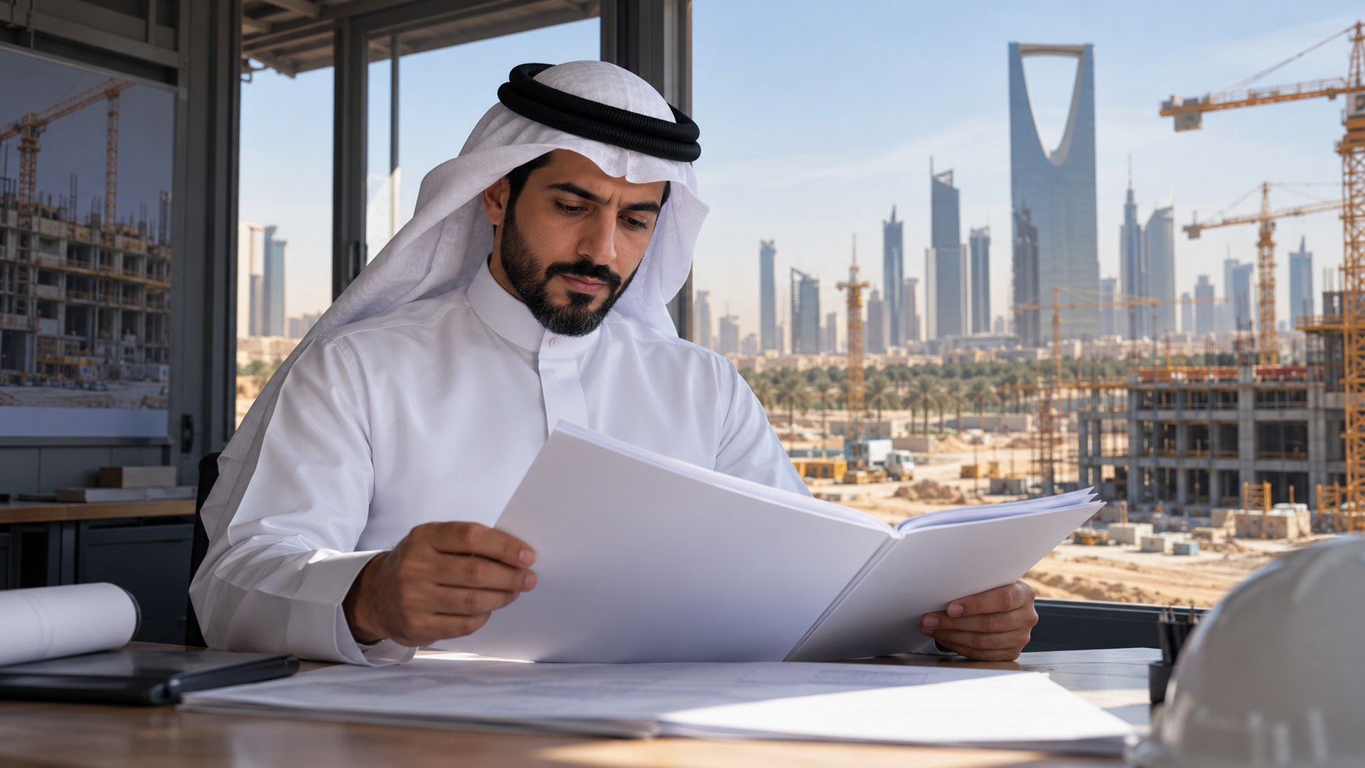 مهندس موقع سعودي يراجع تقرير التقدم في مكتب مظلل يطل على موقع بناء بالرياض
