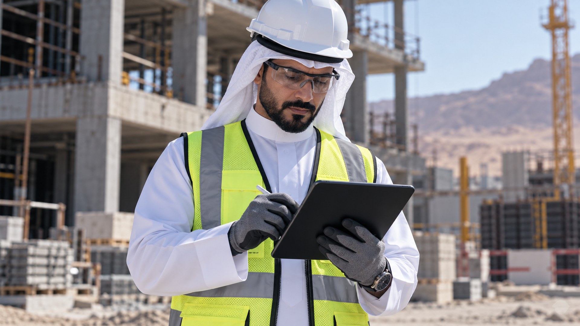 مشرف موقع سعودي يسجل ملاحظاته على جهاز لوحي أثناء جولة تفتيش منظمة