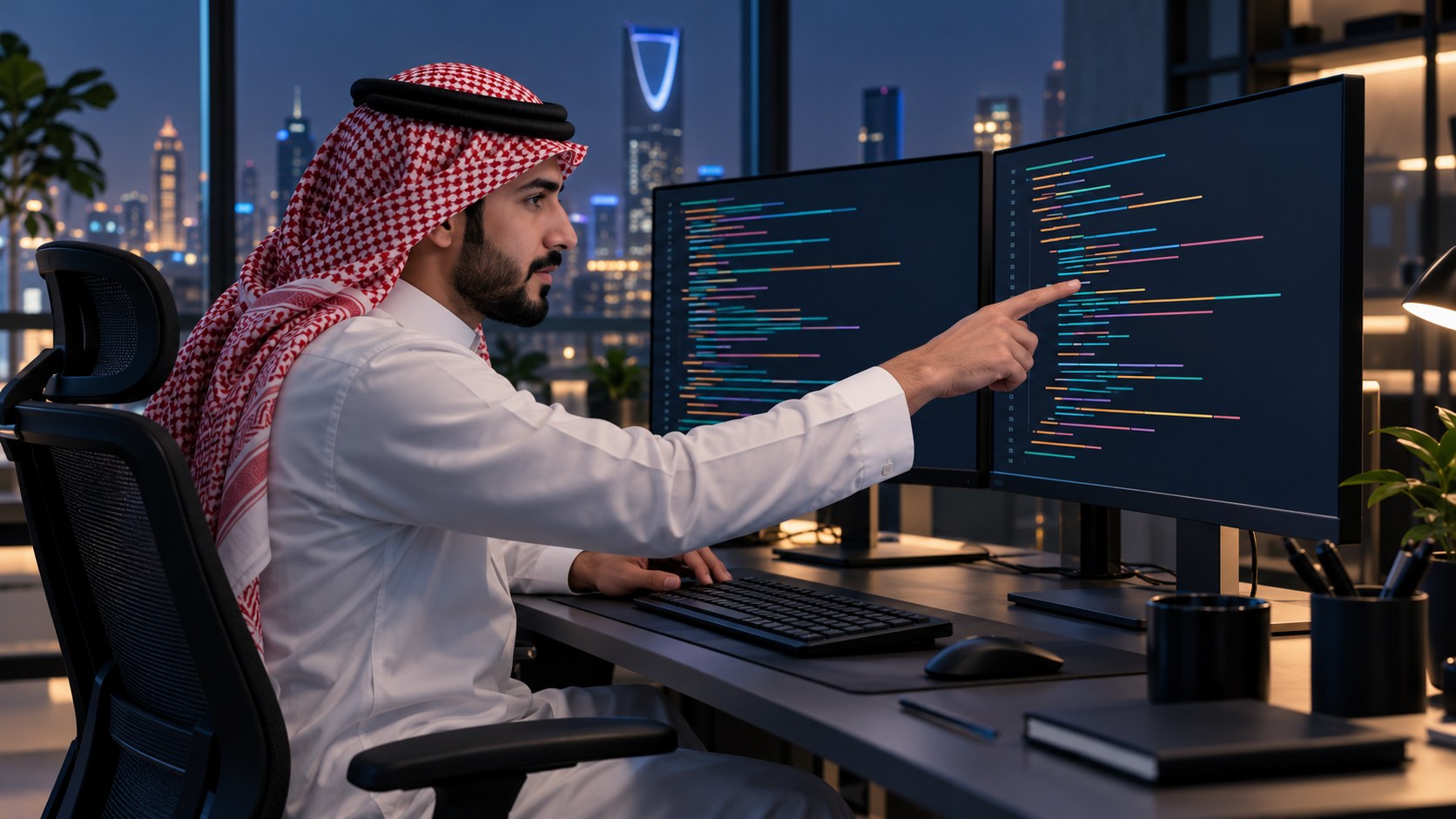 مبرمج سعودي يشير إلى أسطر كود على شاشتين