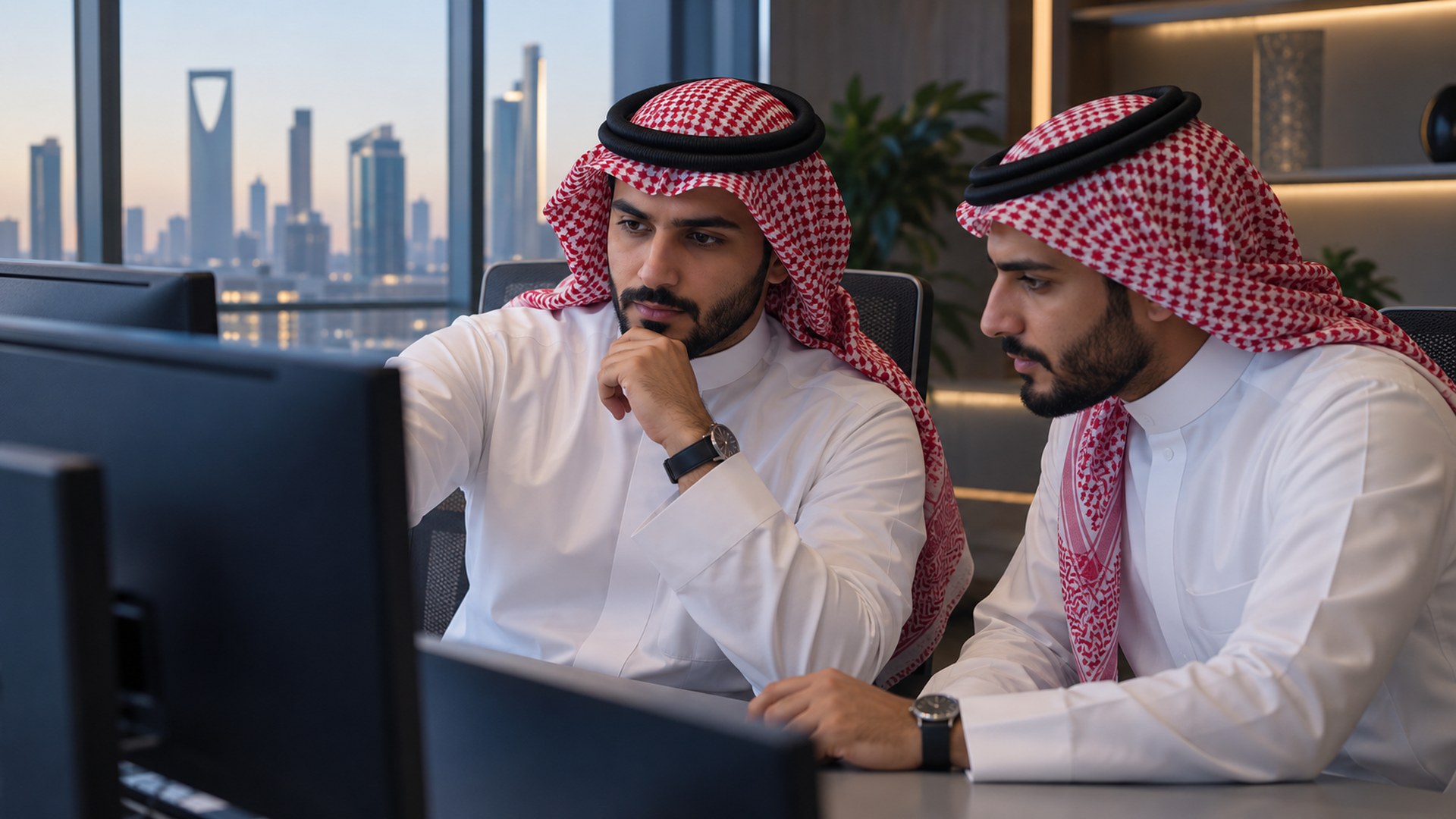 مبرمج سعودي يراجع الكود مع زميله على مكتب
