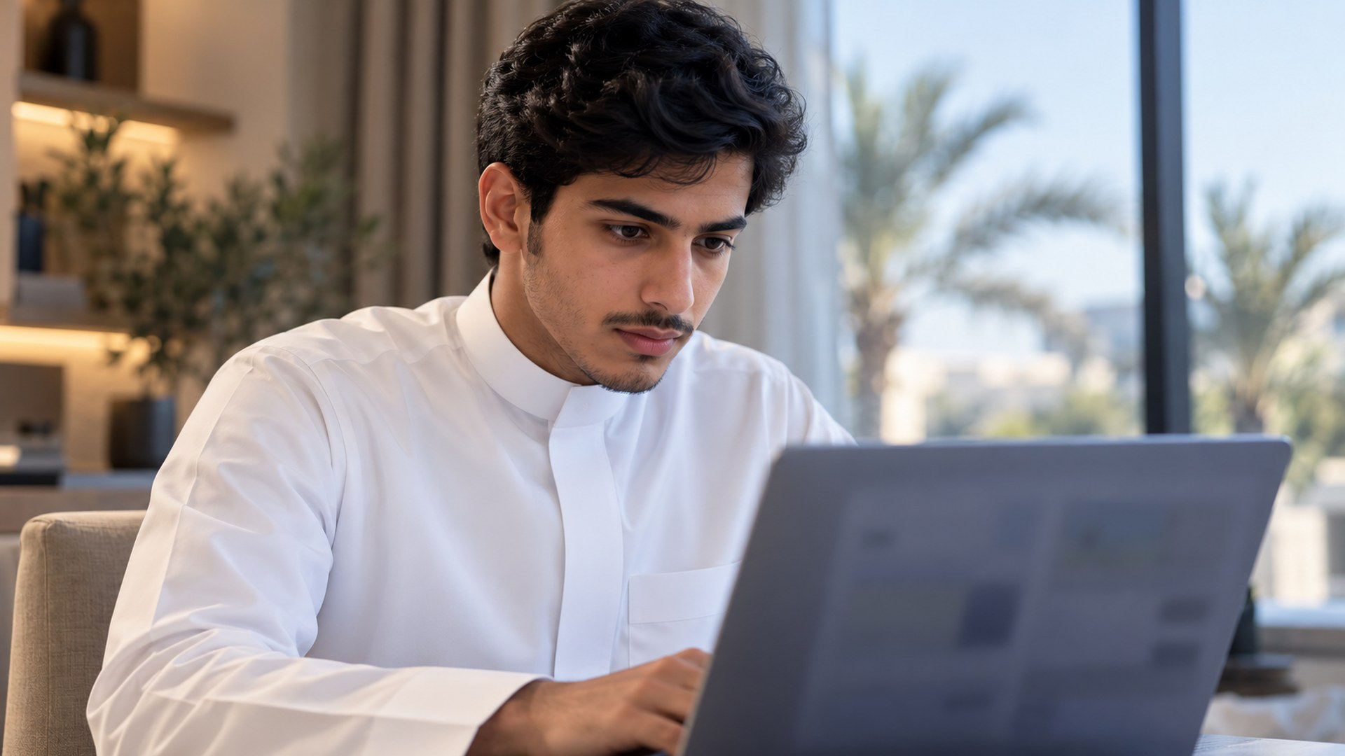 طالب سعودي يراجع متطلبات برنامج جامعي على اللابتوب