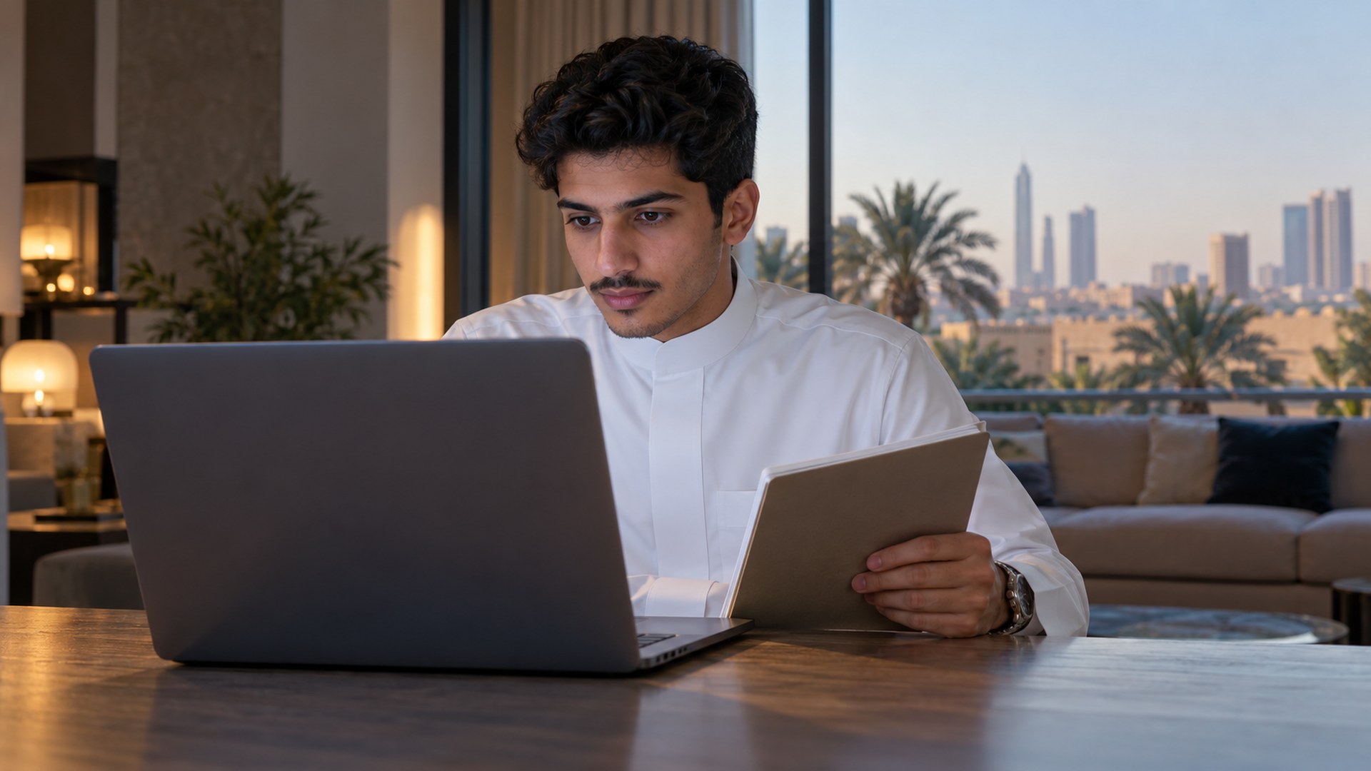 طالب سعودي في البيت أمام صفحة دفع لترقية دورة ويمسك دفتراً