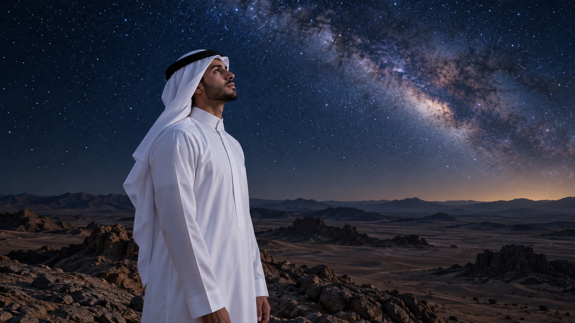 طالب سعودي ينظر إلى سماء مليئة بالنجوم من تل صحراوي ويفكر في مستقبله
