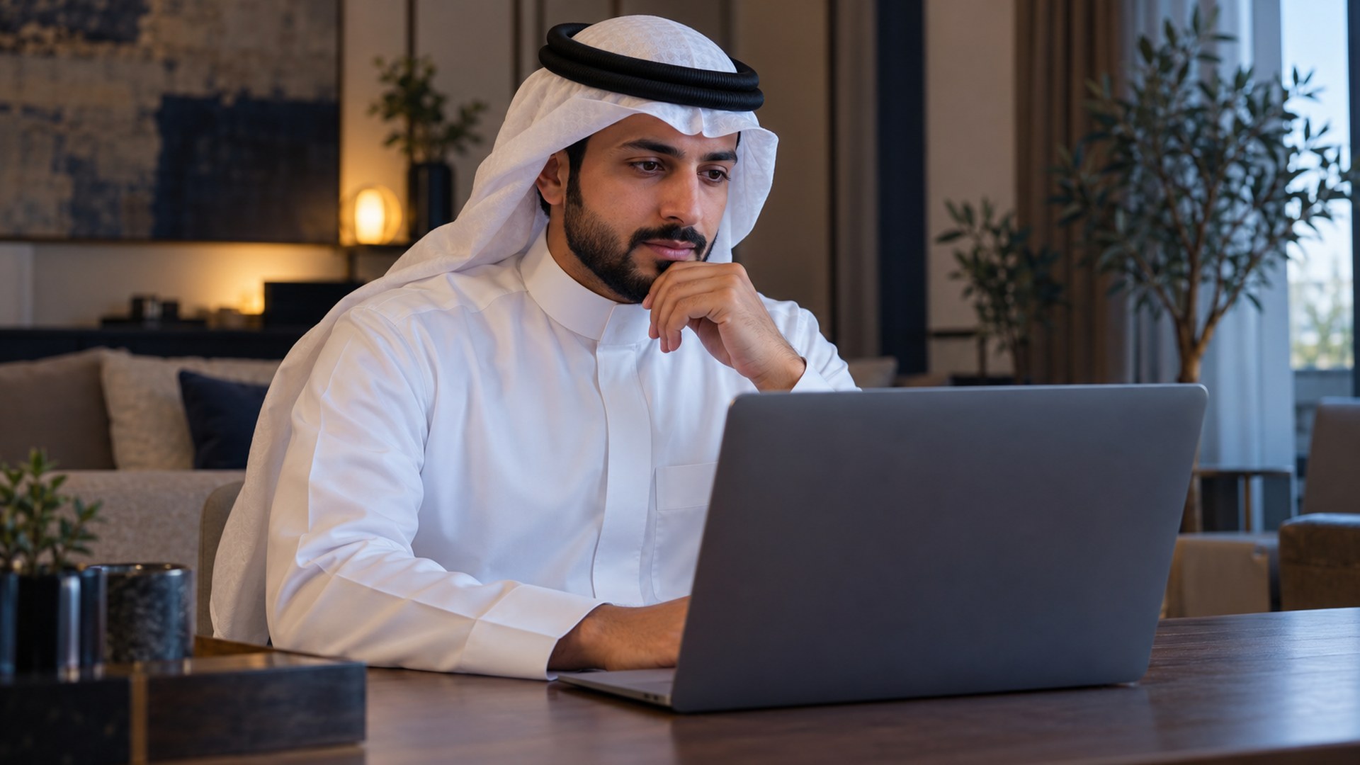 معلم سعودي يراجع شاشة اللابتوب في بيته قبل تسجيل الدخول
