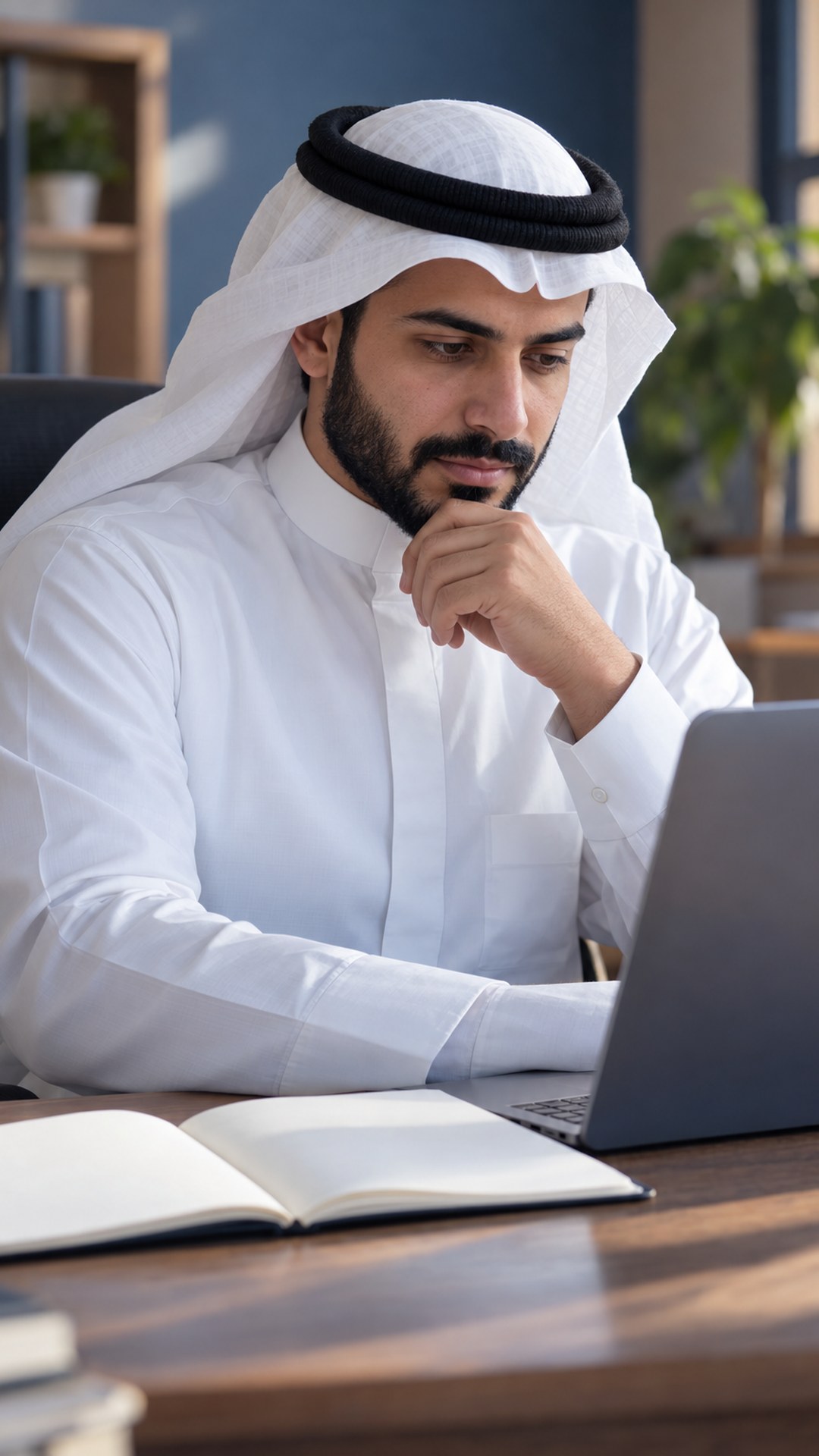 معلم سعودي يتأمل اللابتوب بجانب دفتر مدرسي