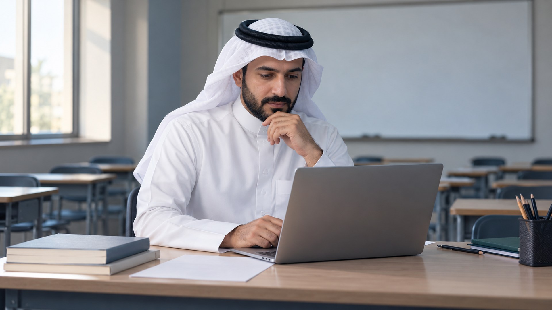 معلم سعودي على مكتب الفصل يراجع درساً على اللابتوب وحوله أدوات مدرسية