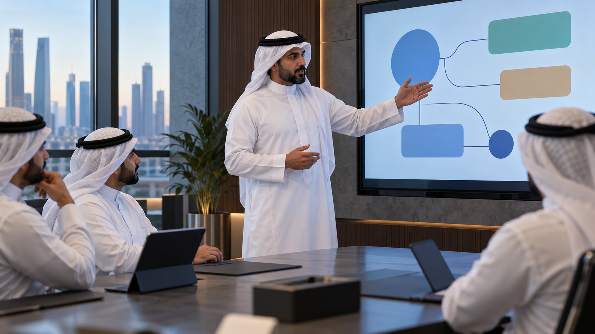 قائد فريق سعودي يوزّع أدوار المشروع على لوح رقمي في اجتماع منظم