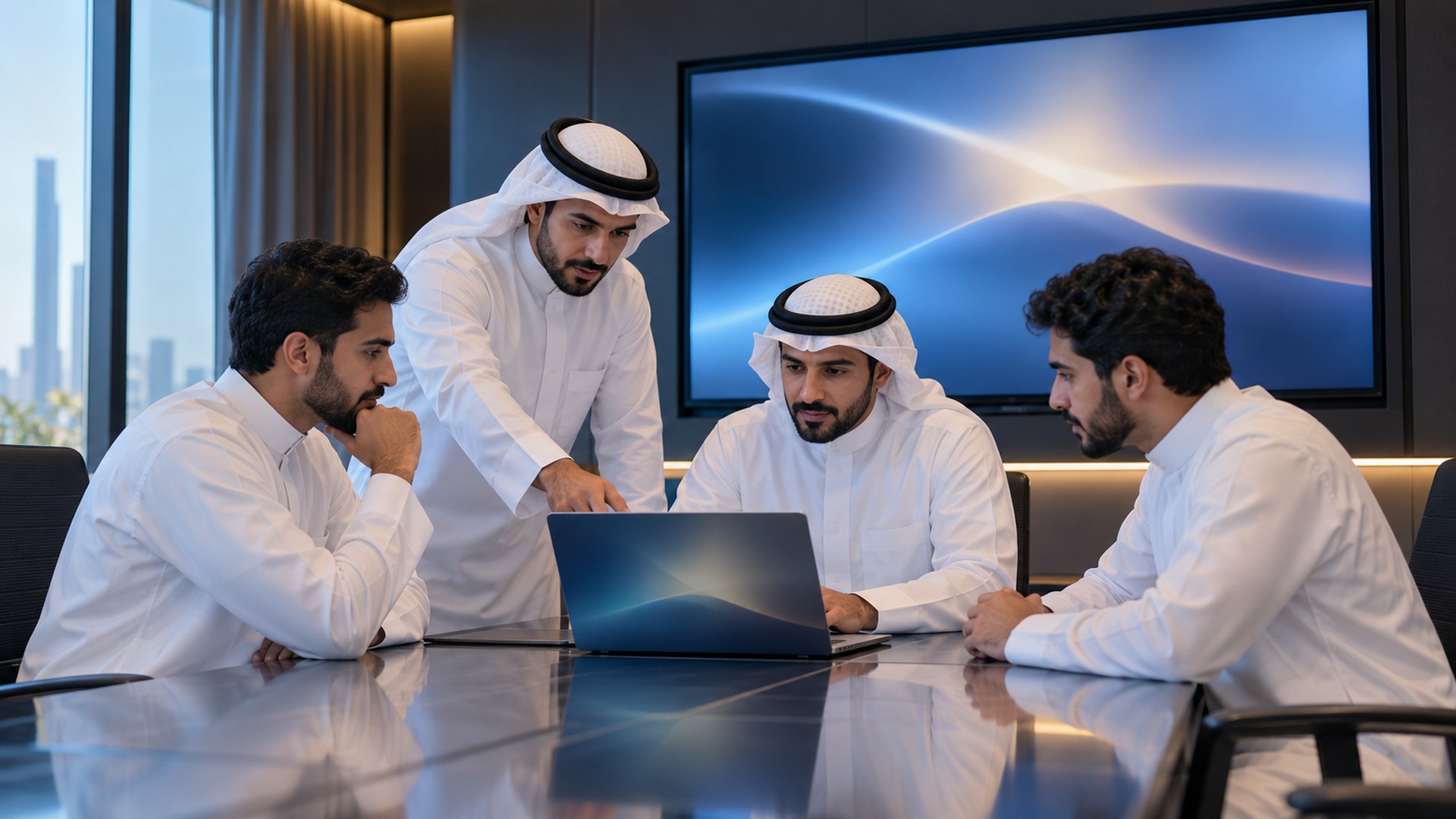 فريق سعودي صغير يتعاون حول لابتوب وشاشة كبيرة في غرفة اجتماعات حديثة