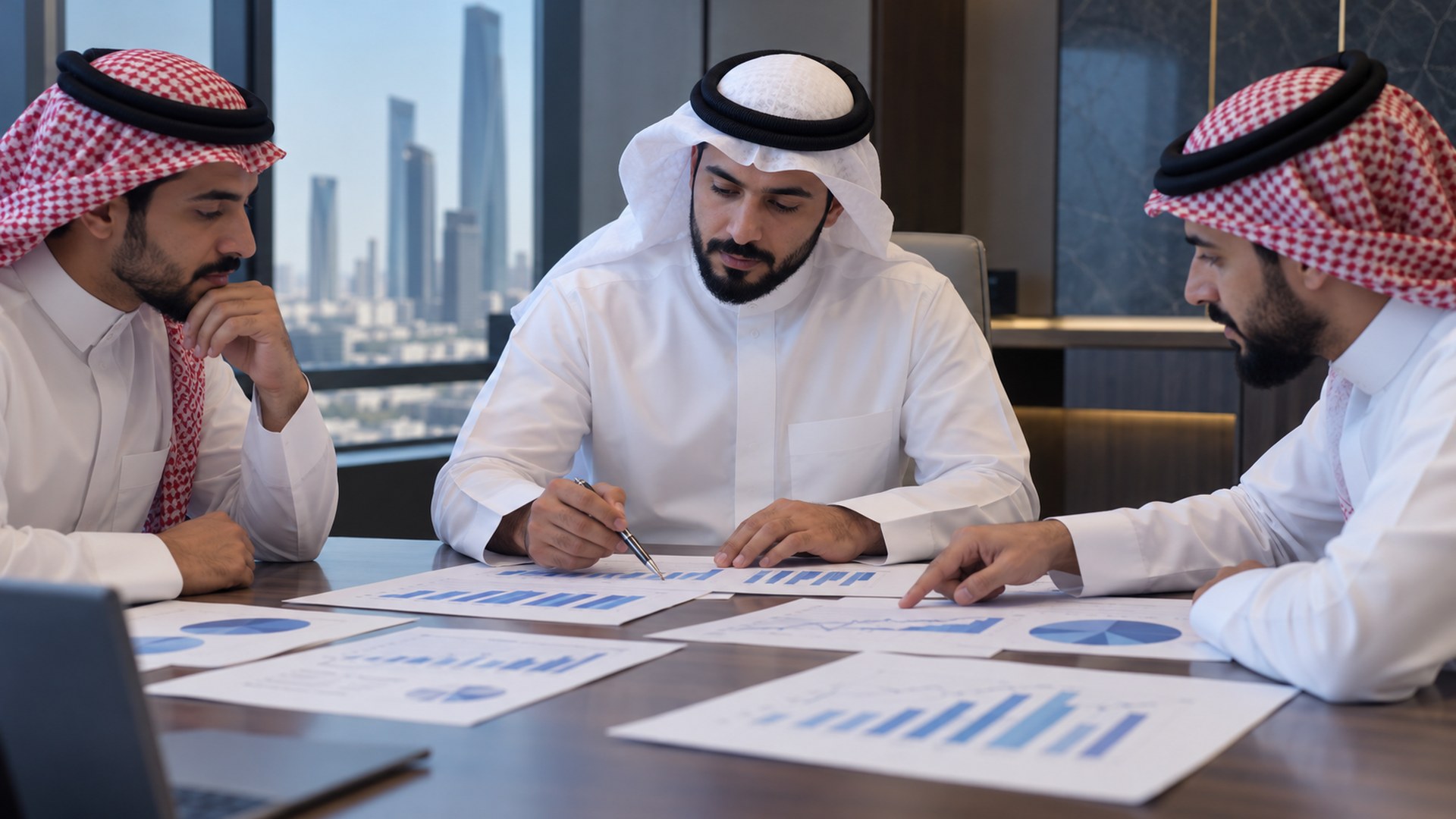 فريق سعودي يراجع القوائم المالية ورسوم الإيرادات على طاولة الاجتماع