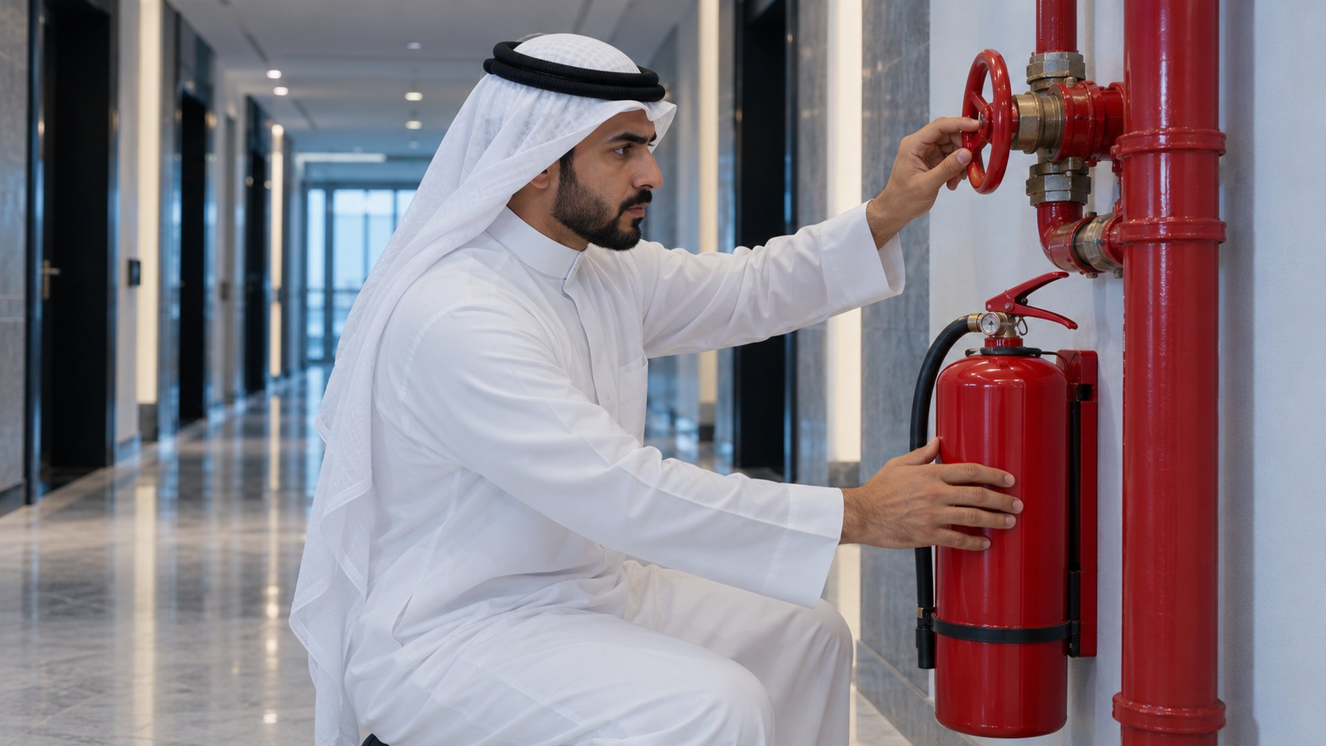 فني سعودي يفحص صمام رشاش حريق وطفاية أثناء صيانة دورية في ممر مبنى