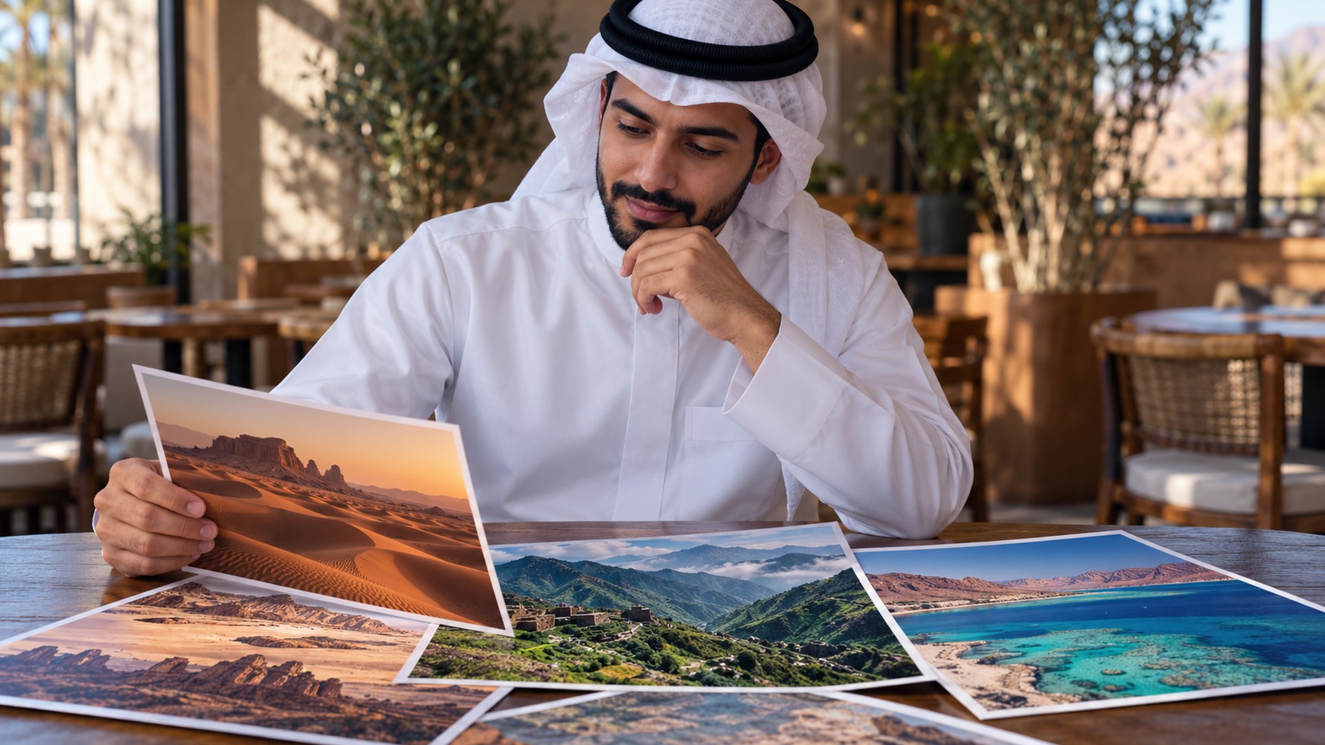 مسافر سعودي يخطط لرحلته في مقهى وأمامه صور كثبان وجبال خضراء وساحل