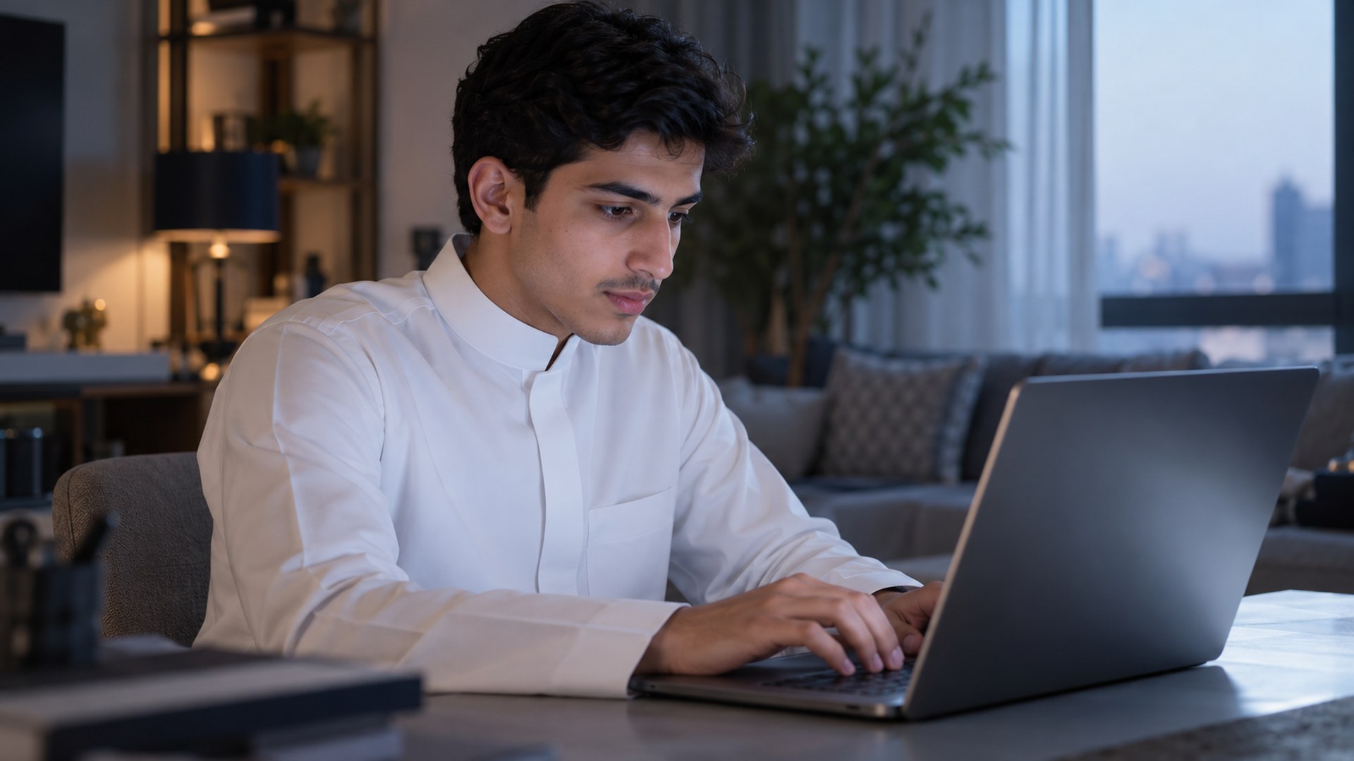 متقدم للجامعة سعودي يتفقد حسابه الجامعي على اللابتوب في البيت
