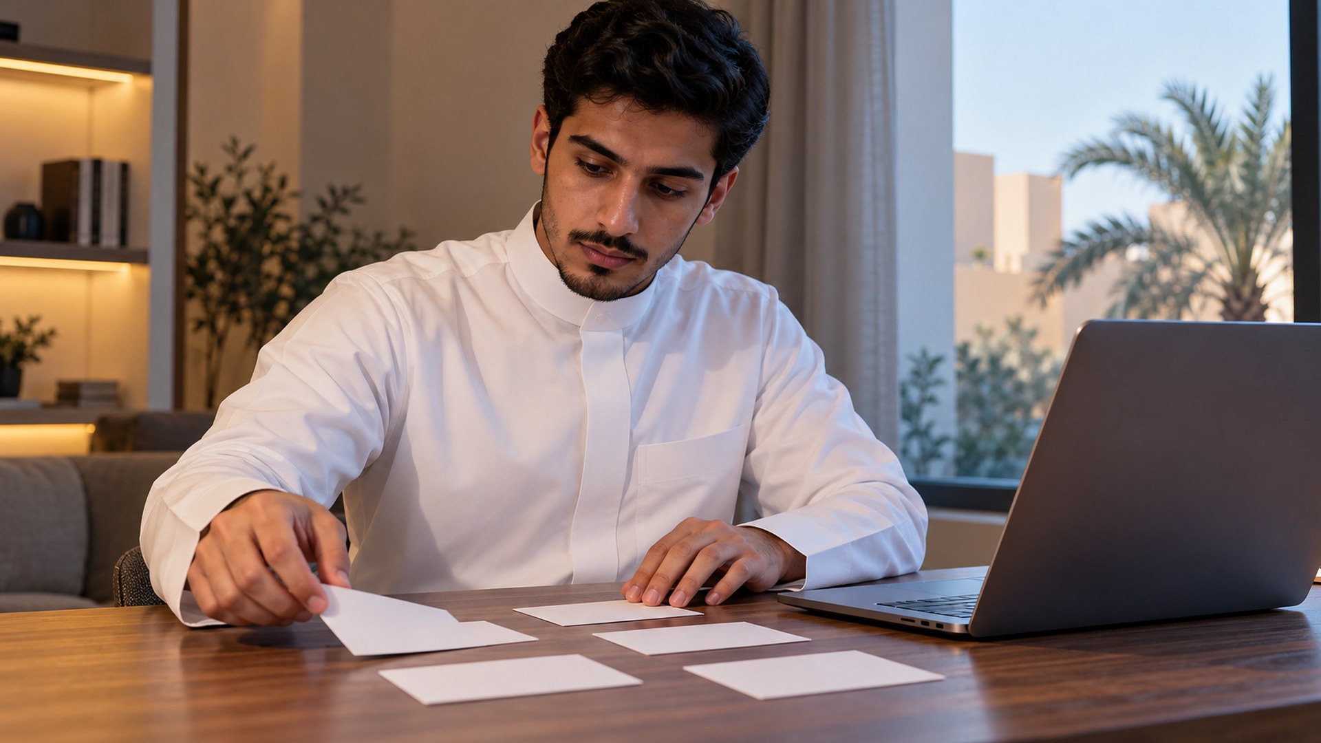 متقدم للجامعة سعودي يرتب بطاقات بجانب اللابتوب لينظم رغباته الدراسية