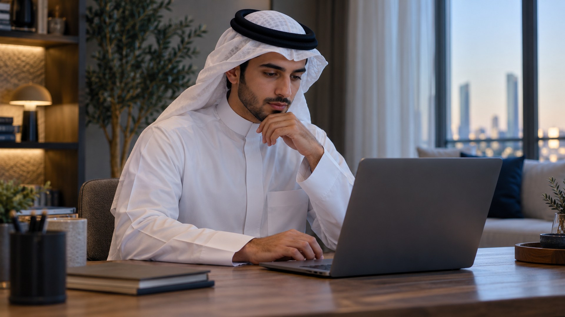 متقدم للجامعة سعودي يراجع خيارات الدراسة على اللابتوب في مكتب البيت