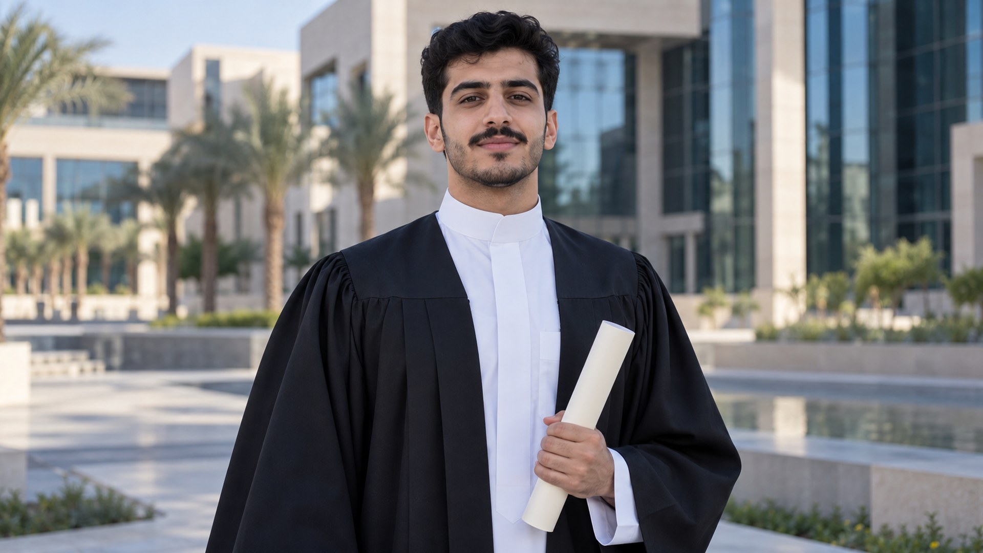 خريج جامعي سعودي بثوب التخرج يمسك شهادته أمام مبنى الجامعة