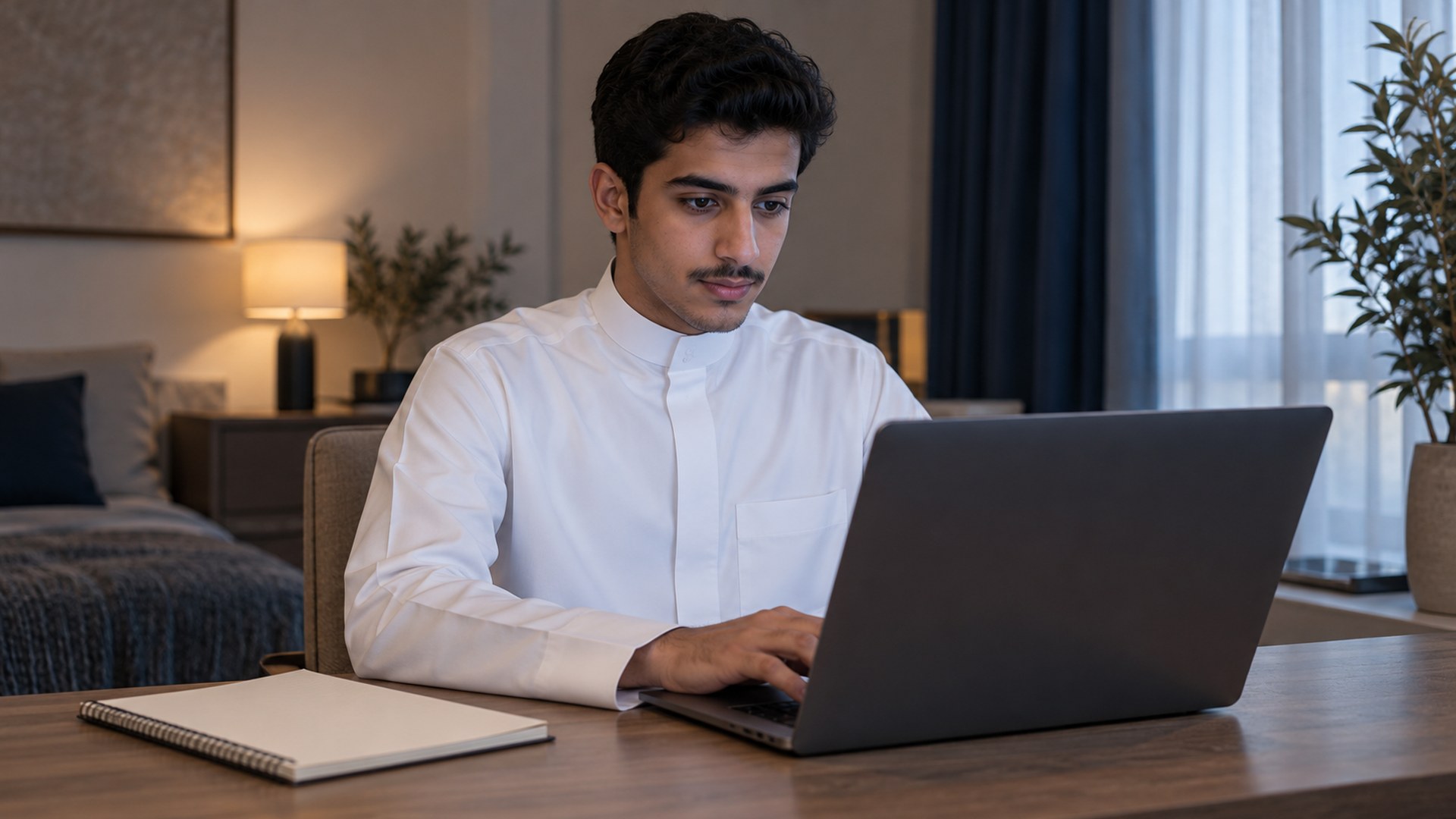 طالب جامعي سعودي يستخدم اللابتوب في البيت وبجانبه دفتر الجامعة