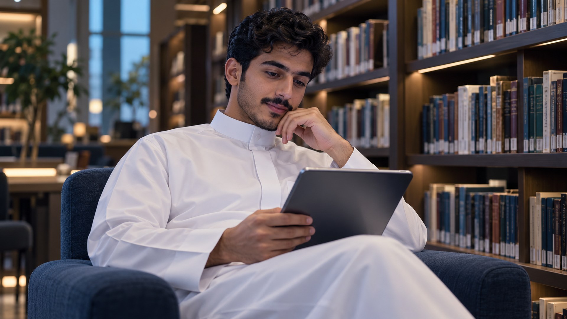 طالب جامعي سعودي في المكتبة يقرأ مقالاً على جهازه اللوحي بارتياح