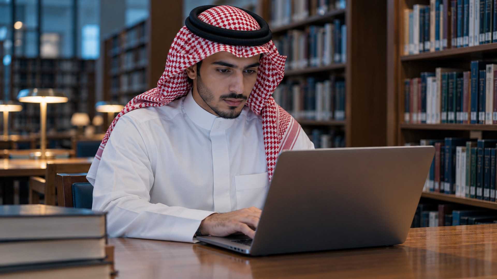 طالب جامعي سعودي يقرأ مقالاً تعليمياً على اللابتوب في مكتبة هادئة