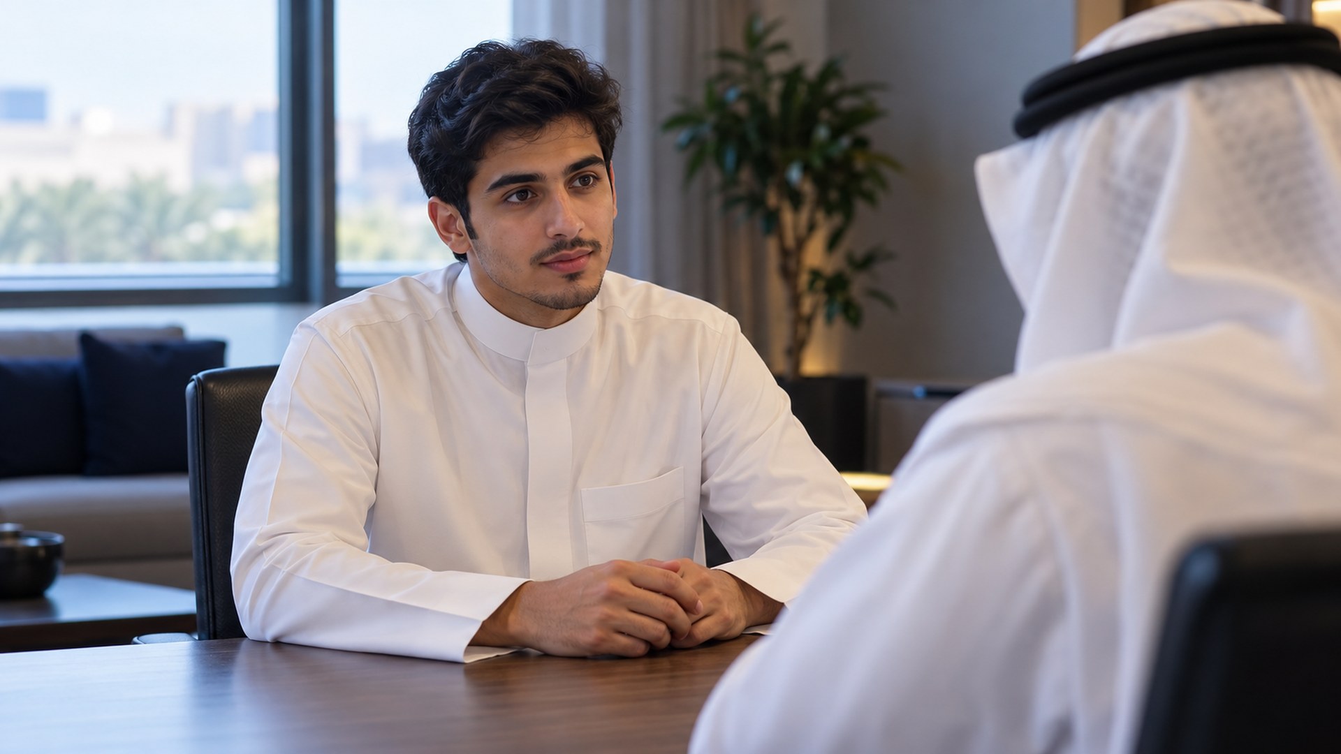 طالب جامعي سعودي أمام المرشد الأكاديمي في مكتب خاص هادئ