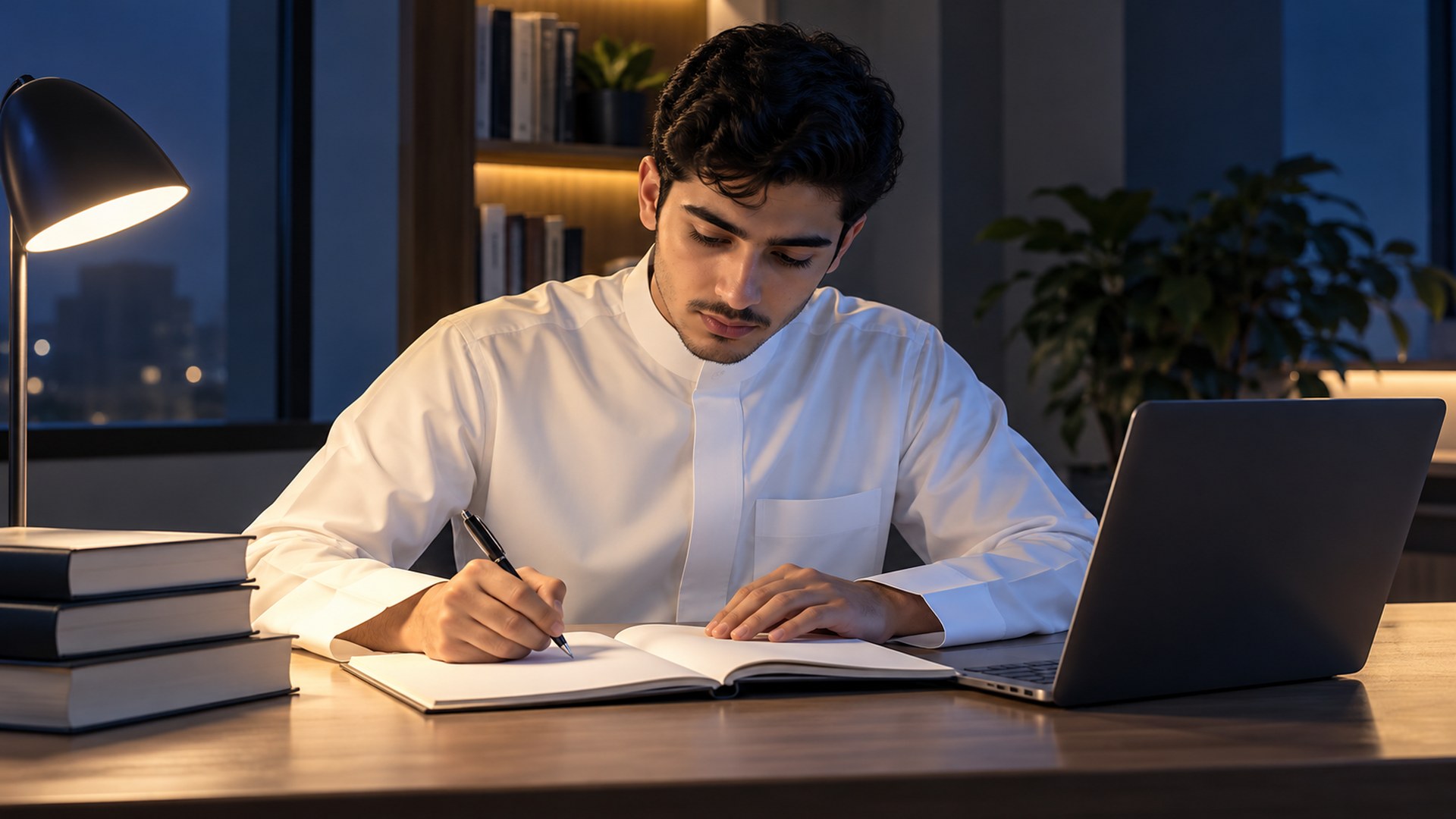 طالب جامعي سعودي يذاكر على مكتب مرتب بلابتوب ودفاتر المقررات