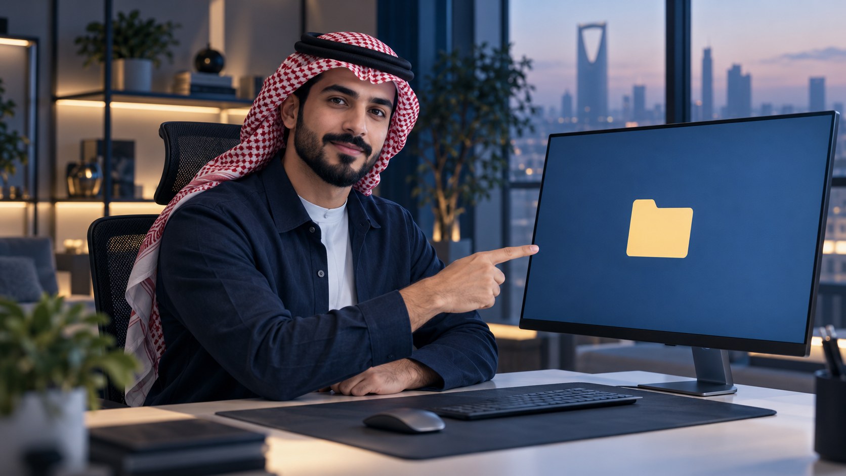 مطور مواقع سعودي يشير إلى أيقونة مجلد فارغ على الشاشة