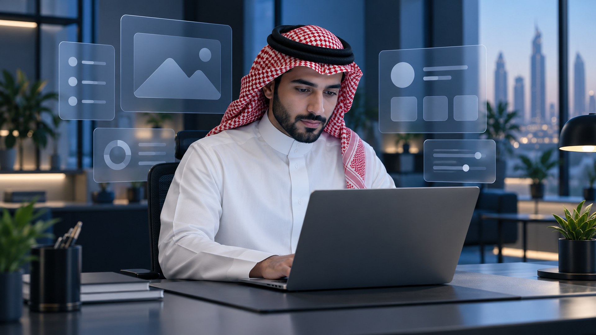 مطور مواقع سعودي يعمل على اللابتوب في مكتب عصري