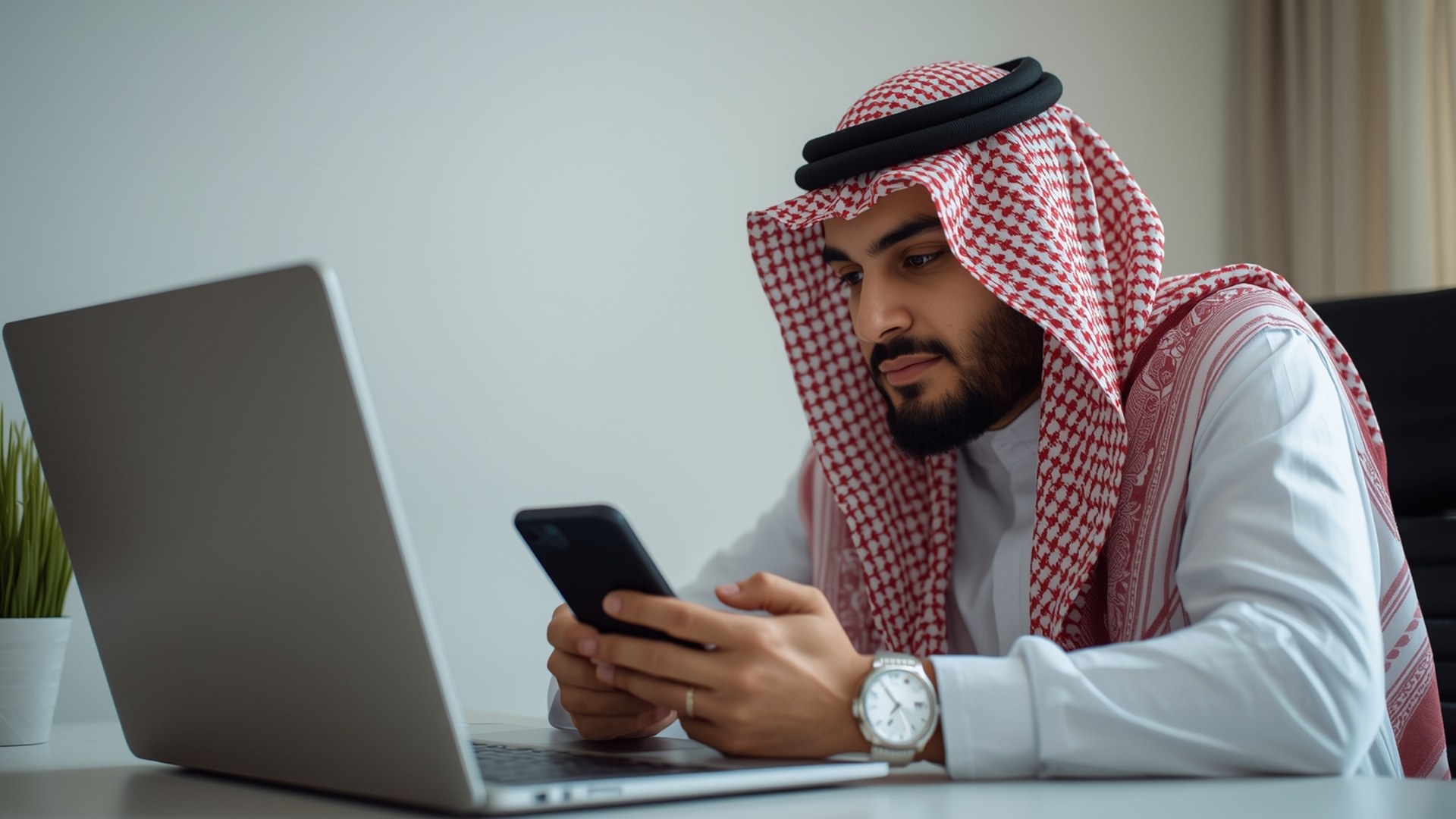 صاحب موقع سعودي يتفقد جواله بجانب لابتوب مفتوح على مكتب نظيف