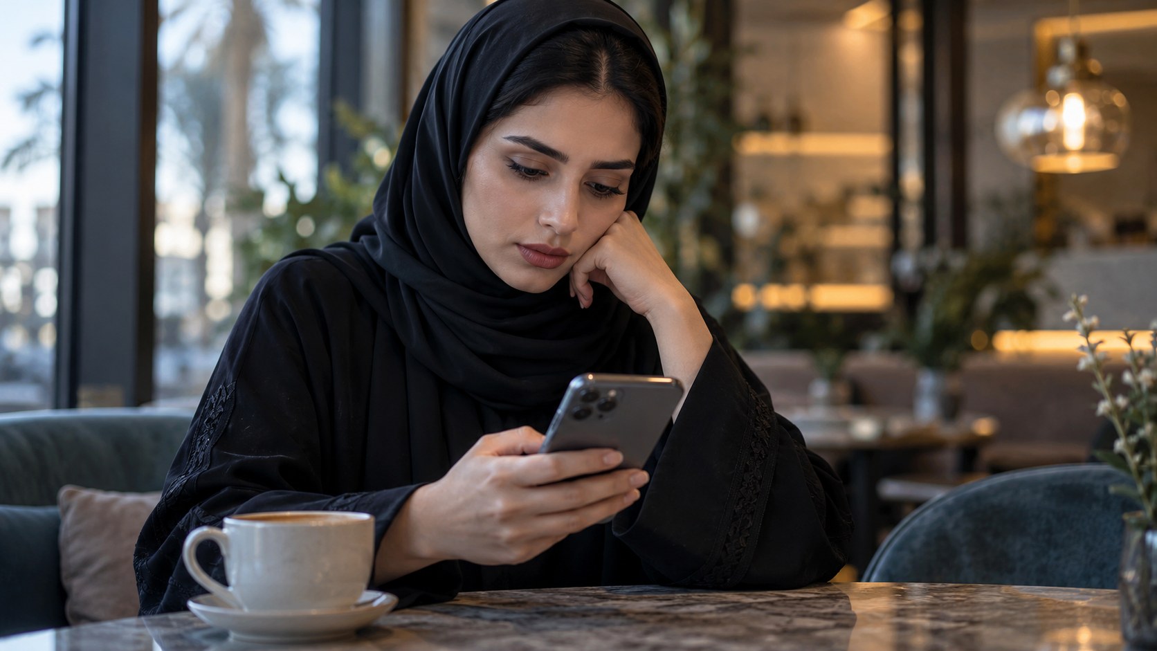 امرأة سعودية في مقهى تتصفح منشوراتها على جوالها بنظرة متأملة