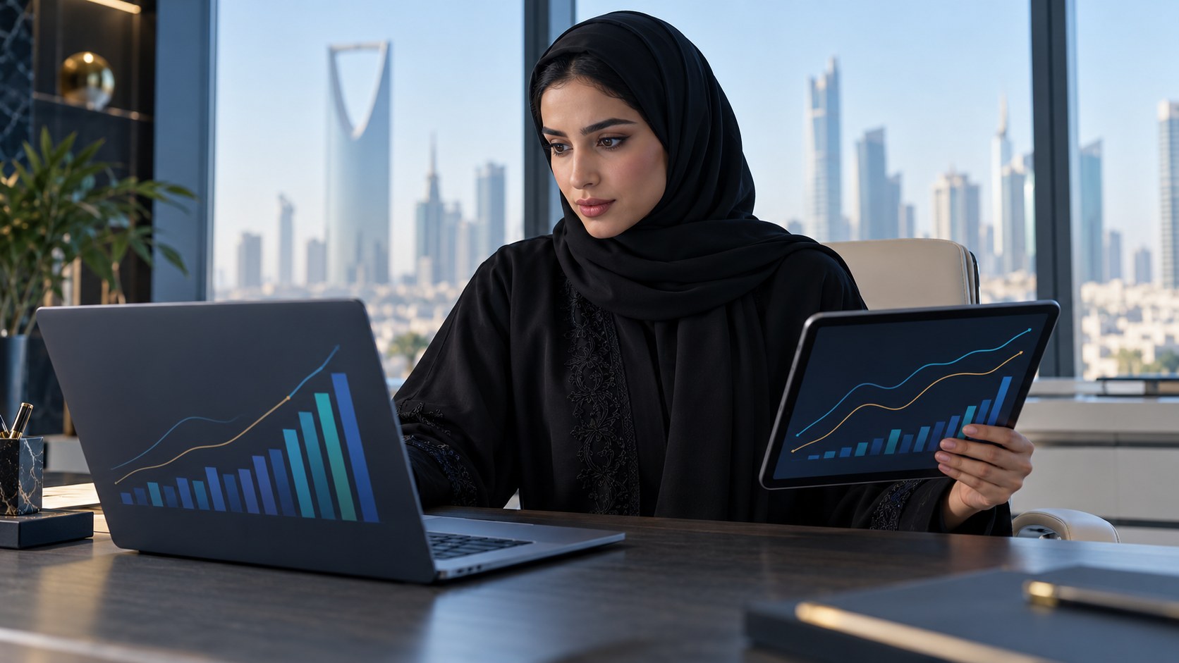 امرأة سعودية بالعباءة تقارن رسوماً بيانية على جهاز لوحي ولابتوب