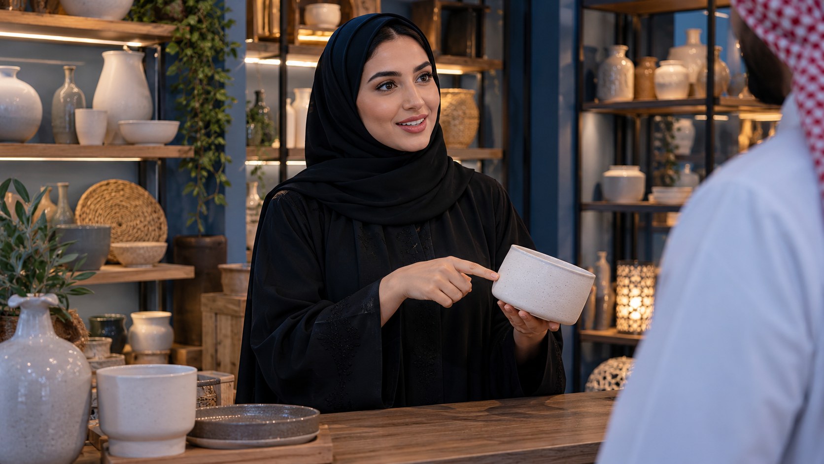 امرأة سعودية في محلها الصغير تجيب سؤال زبونة وتشير إلى منتج