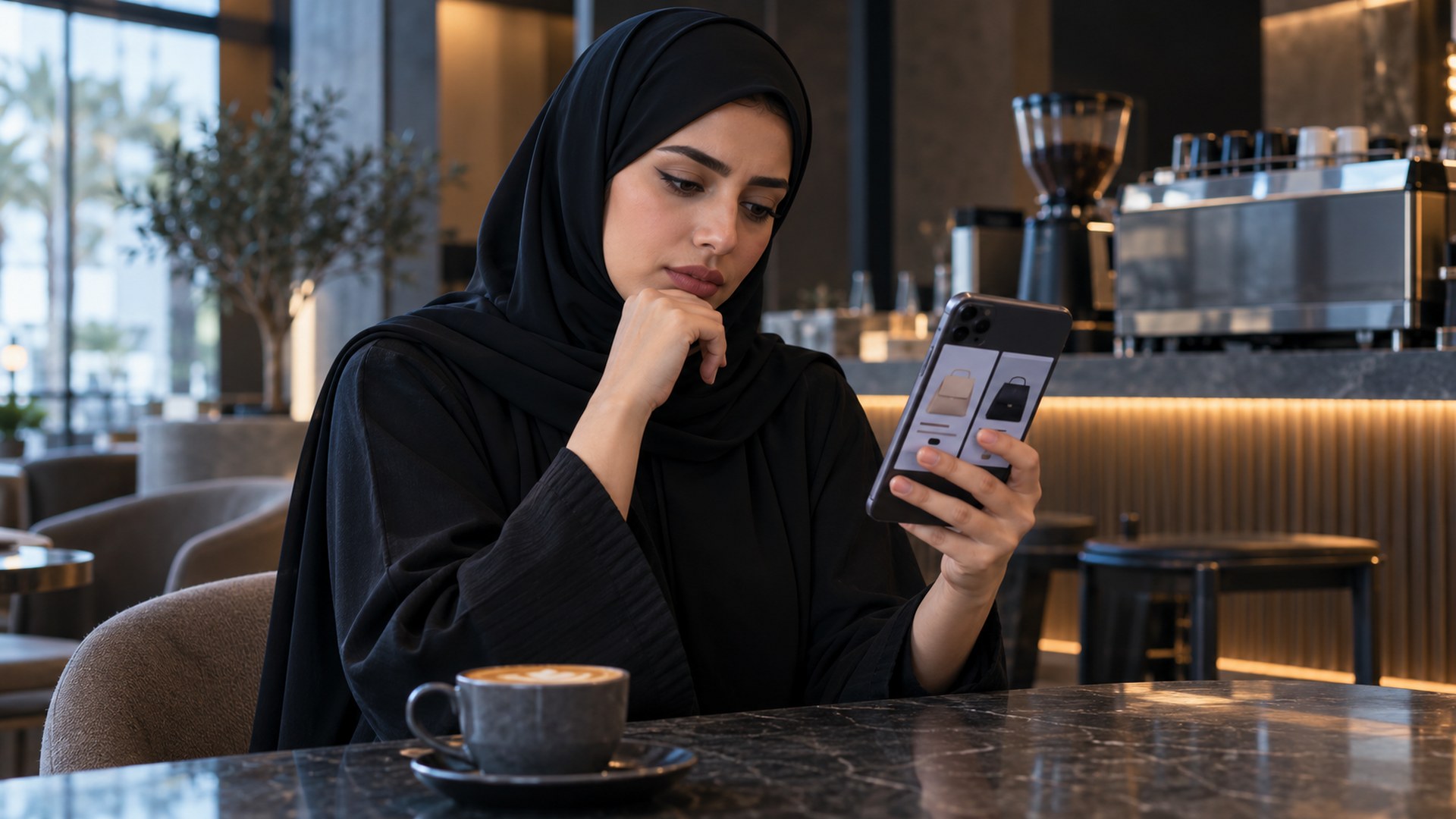 امرأة سعودية في مقهى تقارن صفحتي منتجين على جوالها