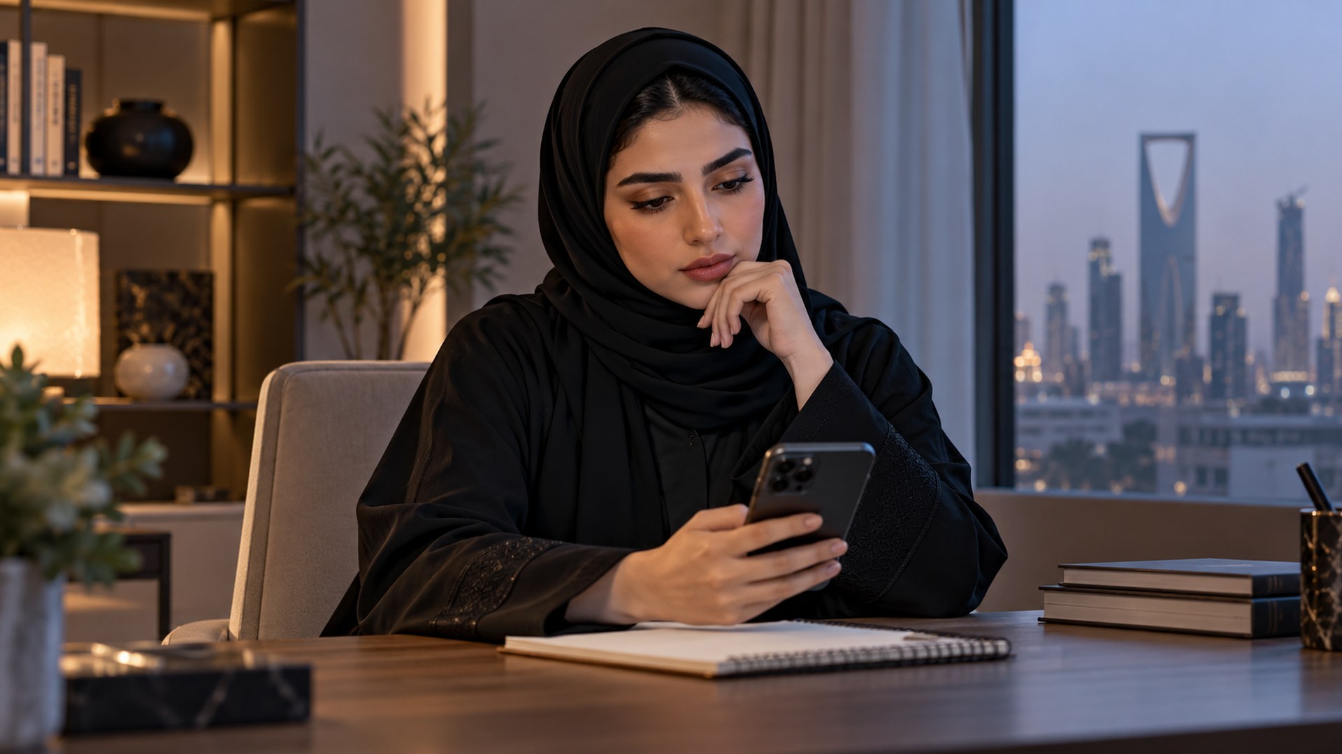 امرأة سعودية تتأمل جوالها وهي تقرر ماذا تبحث