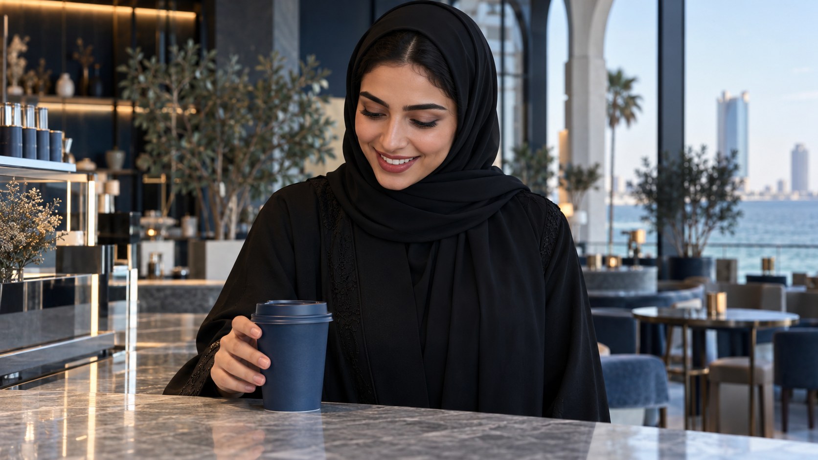 امرأة سعودية تبتسم وهي تعرف كوب قهوة من علامة مألوفة في مقهى بجدة