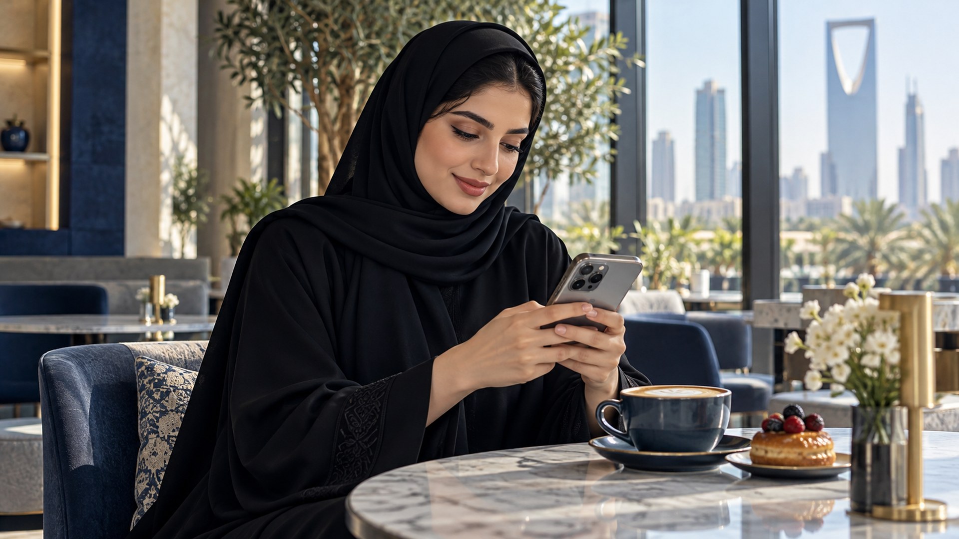 امرأة سعودية بالعباءة تستخدم جوالها بارتياح في مقهى مضيء