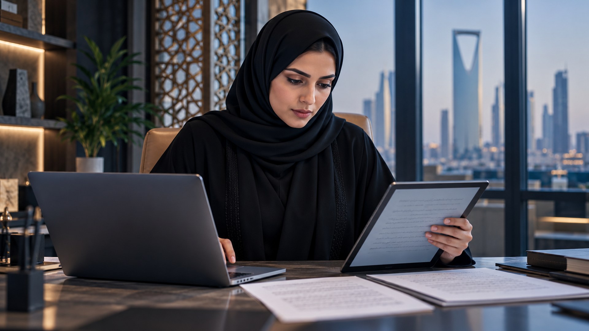 امرأة سعودية تراجع نصوصاً عربية ووثائق على جهاز لوحي ولابتوب