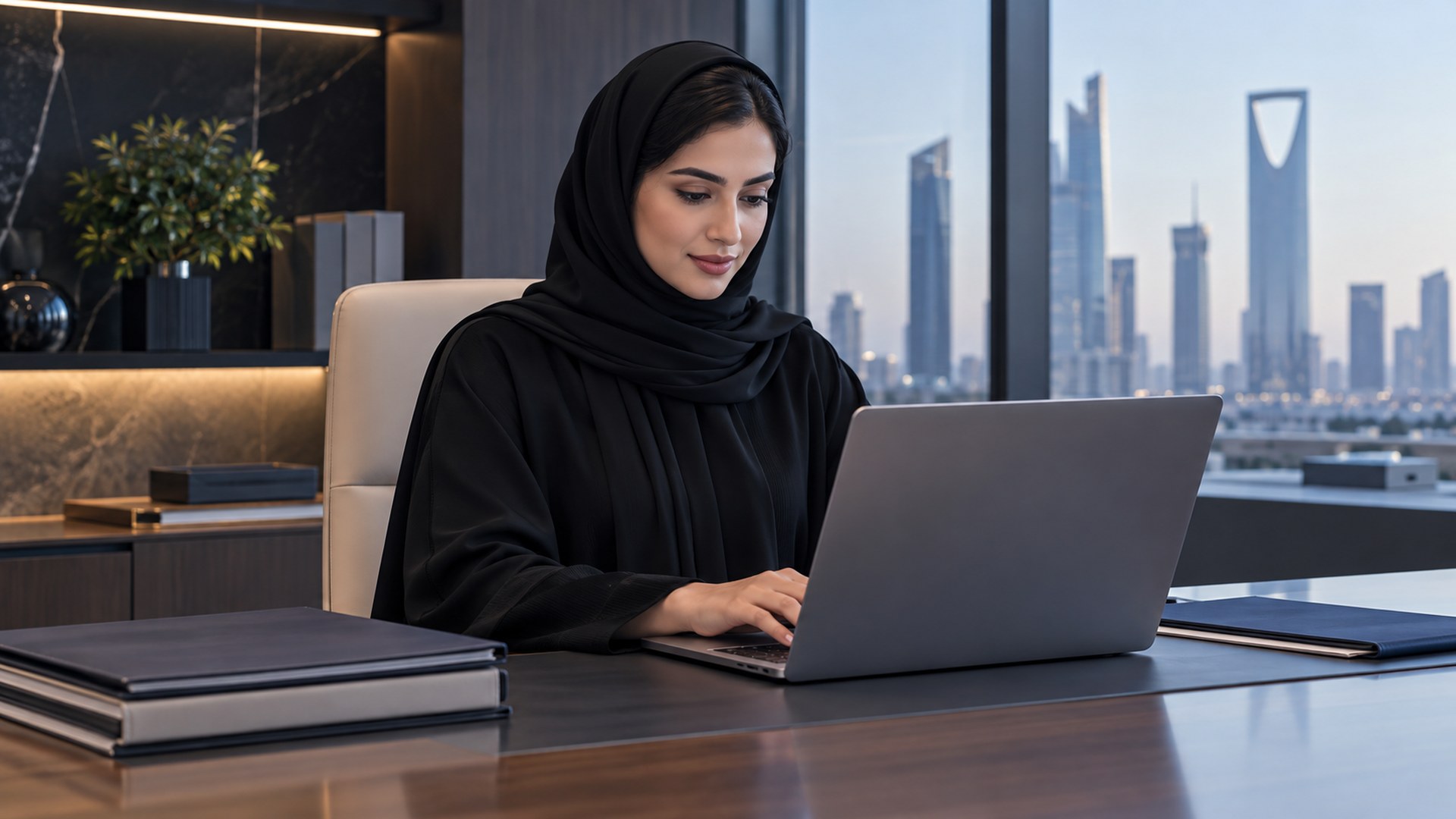 امرأة سعودية بالعباءة تعمل على اللابتوب في مكتب بملفات مرتبة