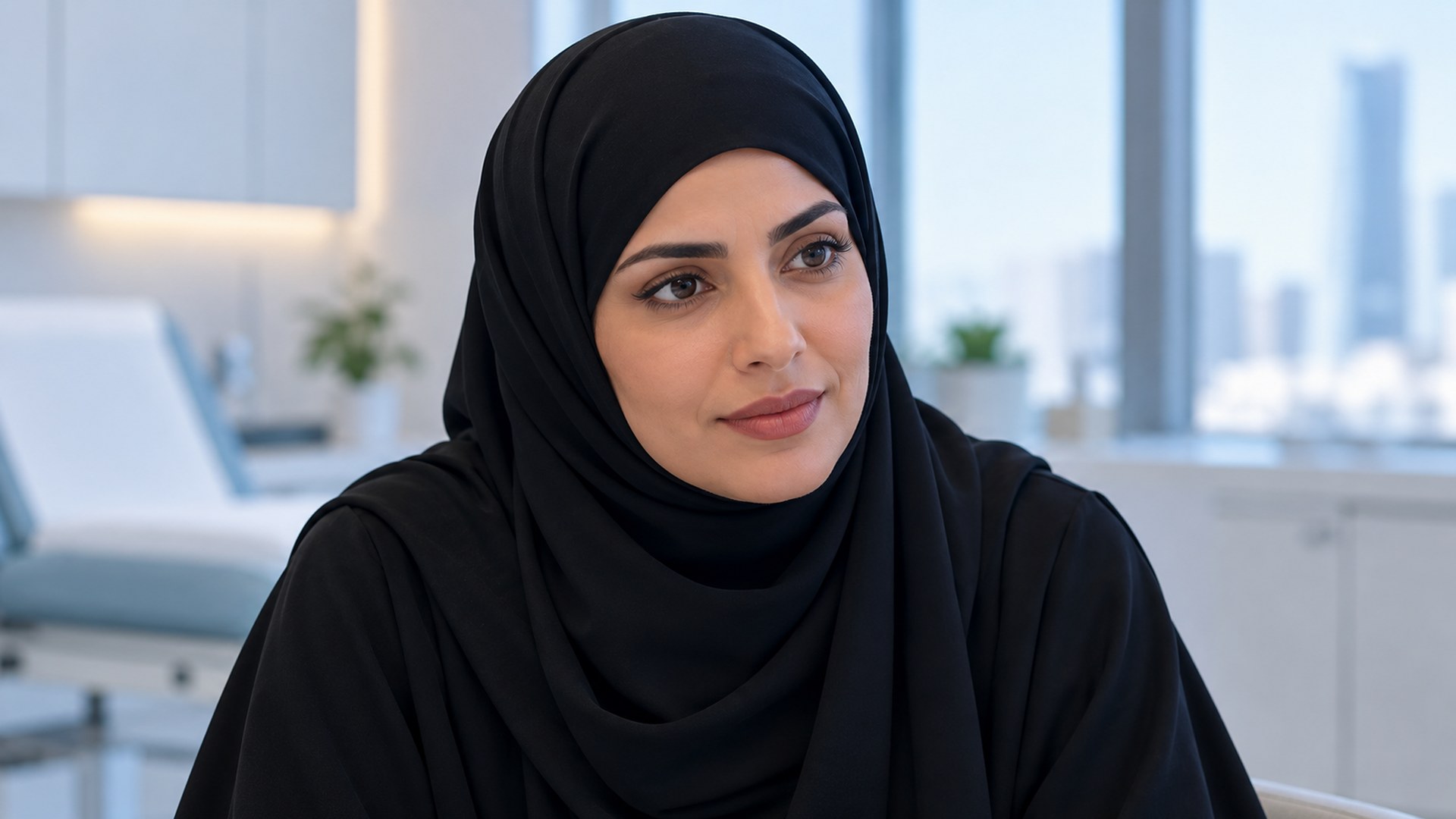 امرأة سعودية بعباءة وحجاب أسود تستمع بتأمل أثناء استشارة في عيادة مضيئة