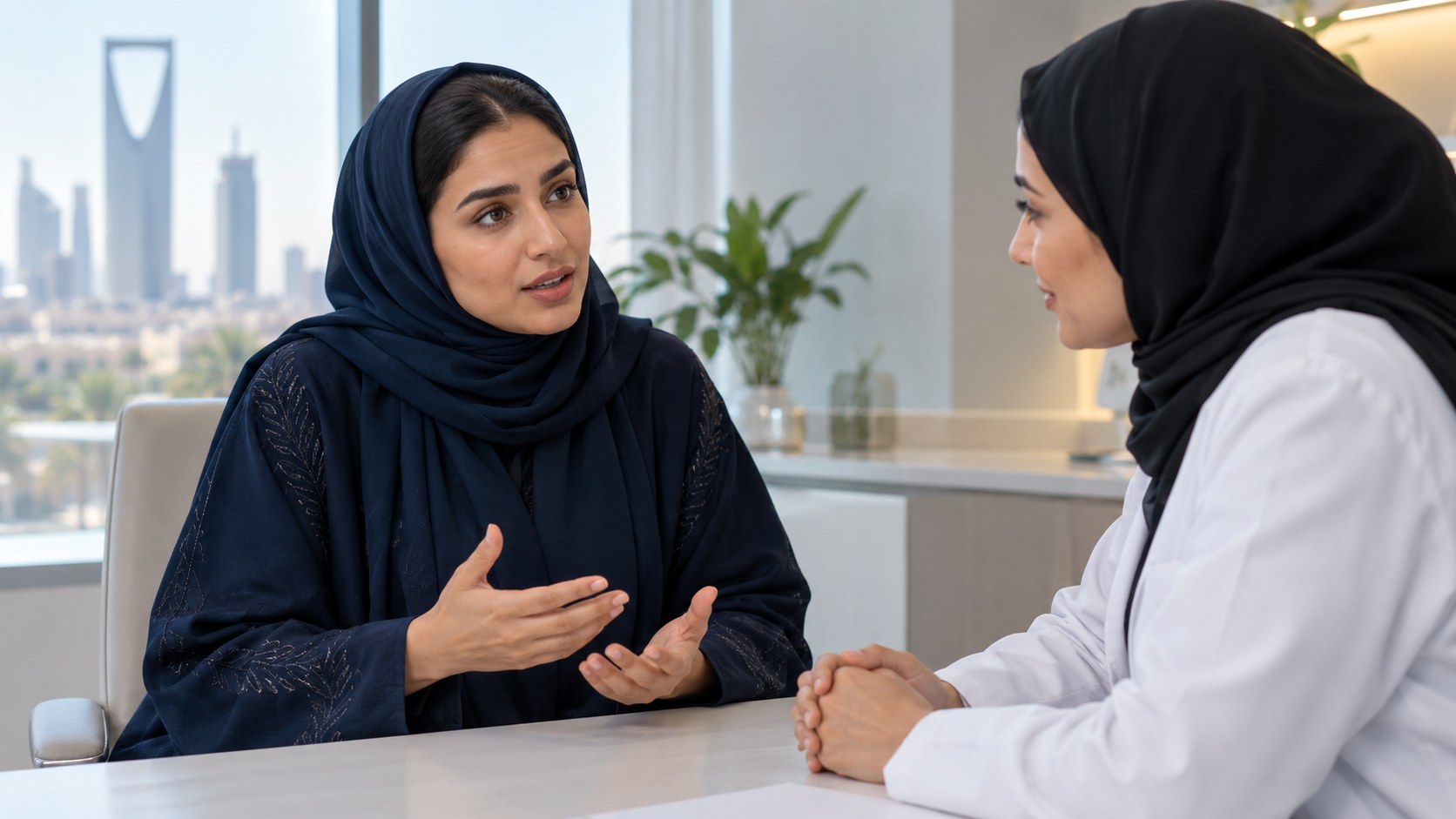امرأة سعودية تشرح أعراضها لطبيبة على مكتب الاستشارة