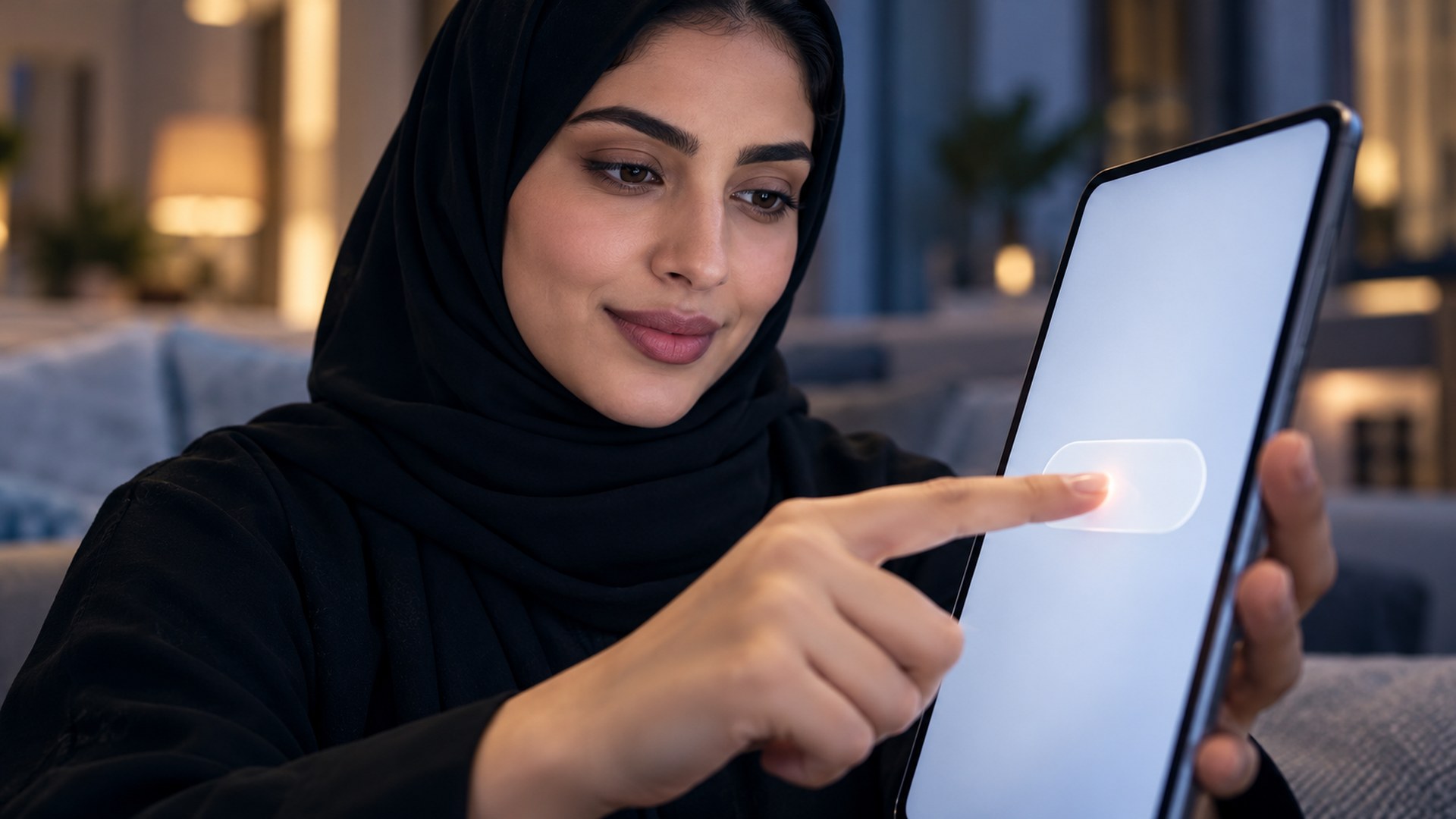 إصبع امرأة سعودية يضغط زراً واضحاً في تطبيق تسوق