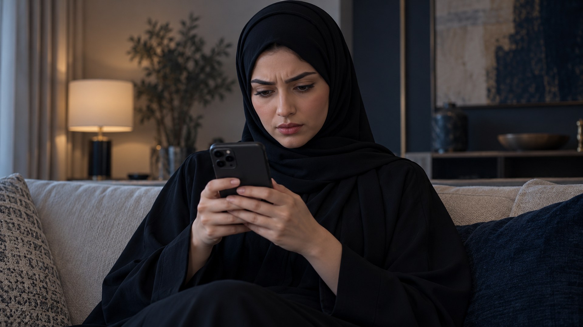 امرأة سعودية تقطب قليلاً وهي تكمل الدفع من جوالها في البيت