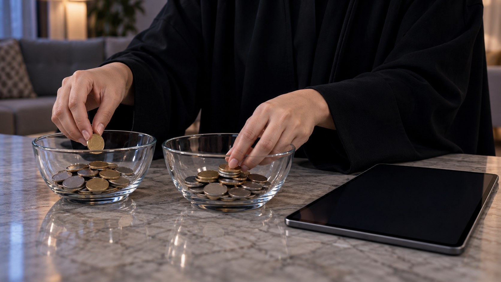 يدا امرأة سعودية بالعباءة ترتبان العملات في وعاءين زجاجيين منفصلين بجانب جهاز لوحي