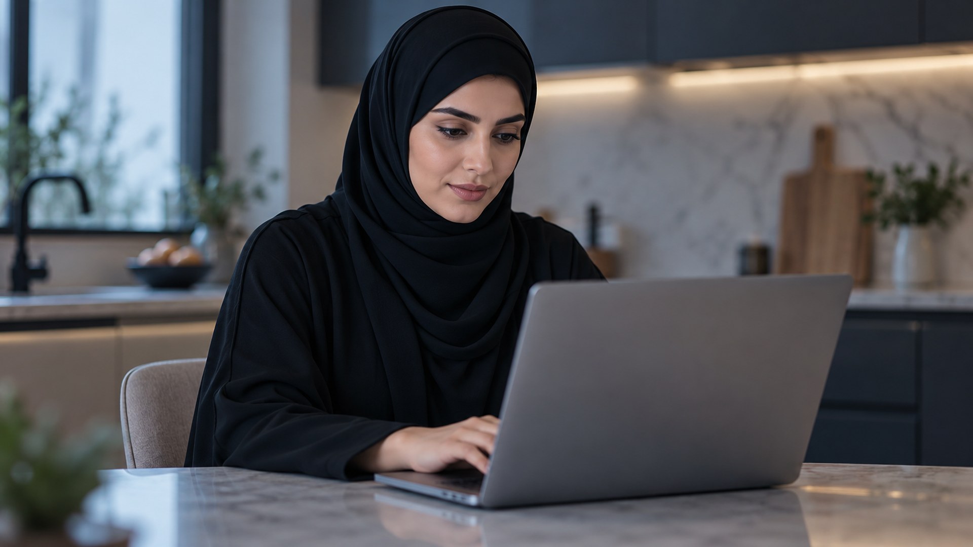 امرأة سعودية بالحجاب تعبّي نموذجاً على لابتوبها بهدوء على طاولة المطبخ