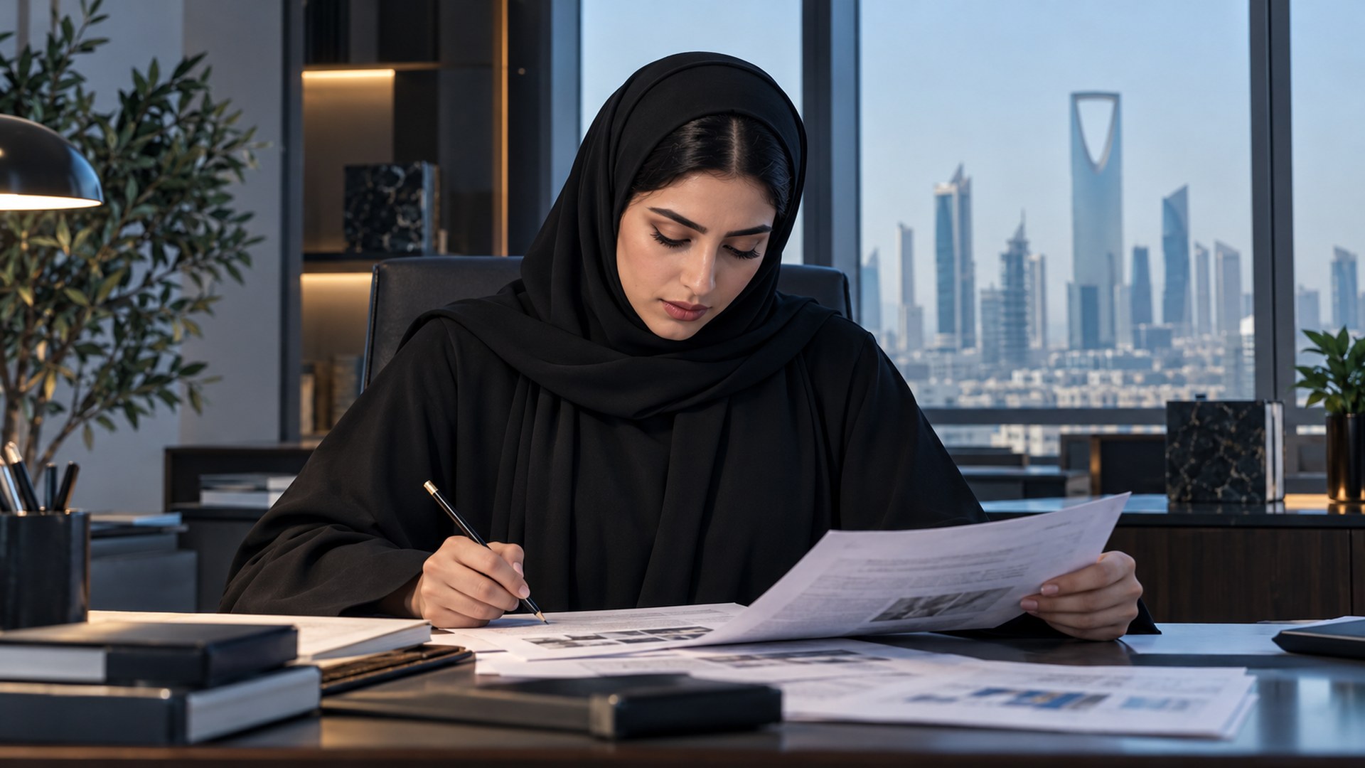 امرأة سعودية بالحجاب تقرأ مقالاً مطبوعاً والقلم في يدها