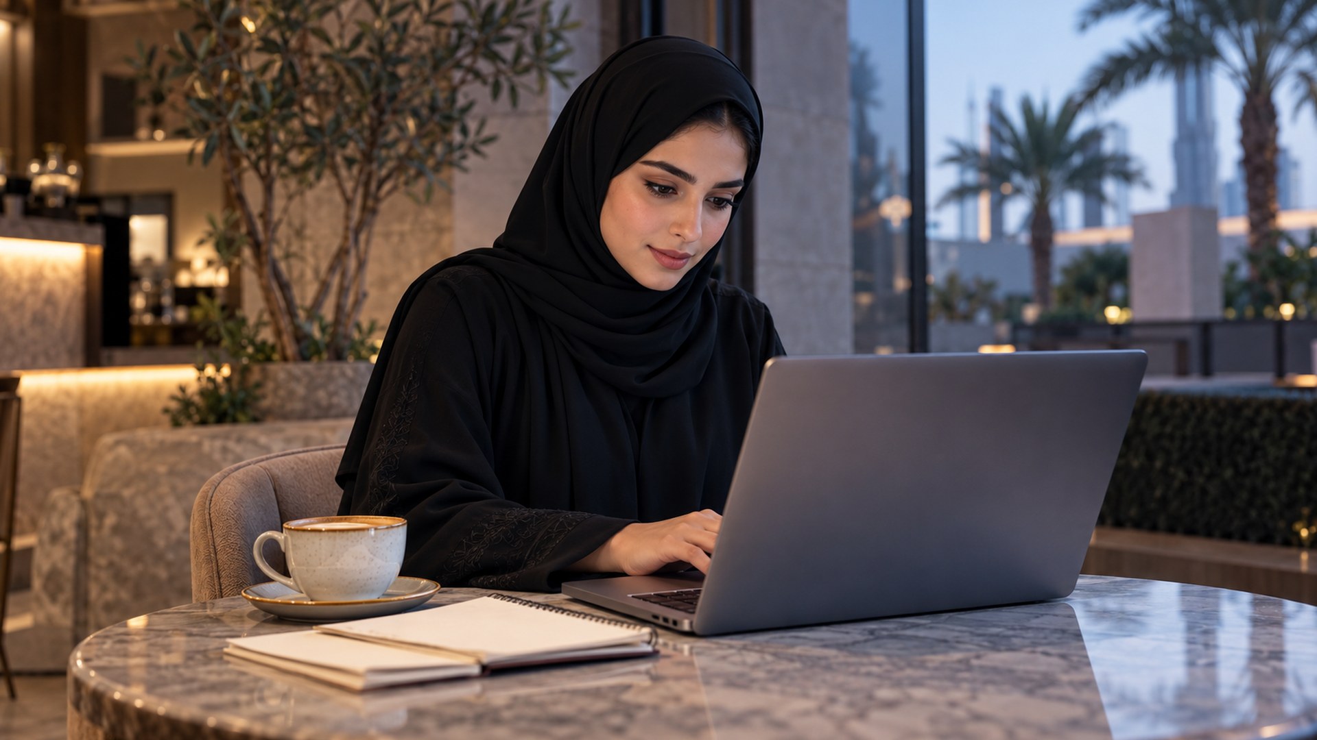 امرأة سعودية بالحجاب تكتب مقالاً على لابتوبها في مقهى وبجانبها قهوة