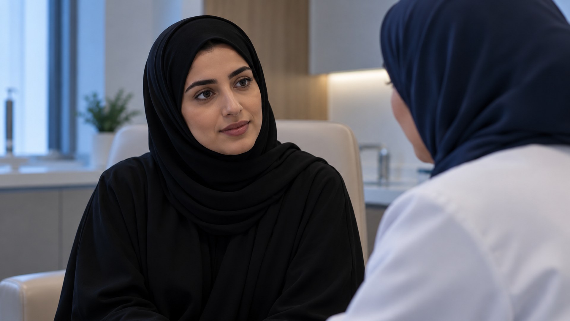 امرأة سعودية تستمع بعناية للطبيب في غرفة استشارة خاصة