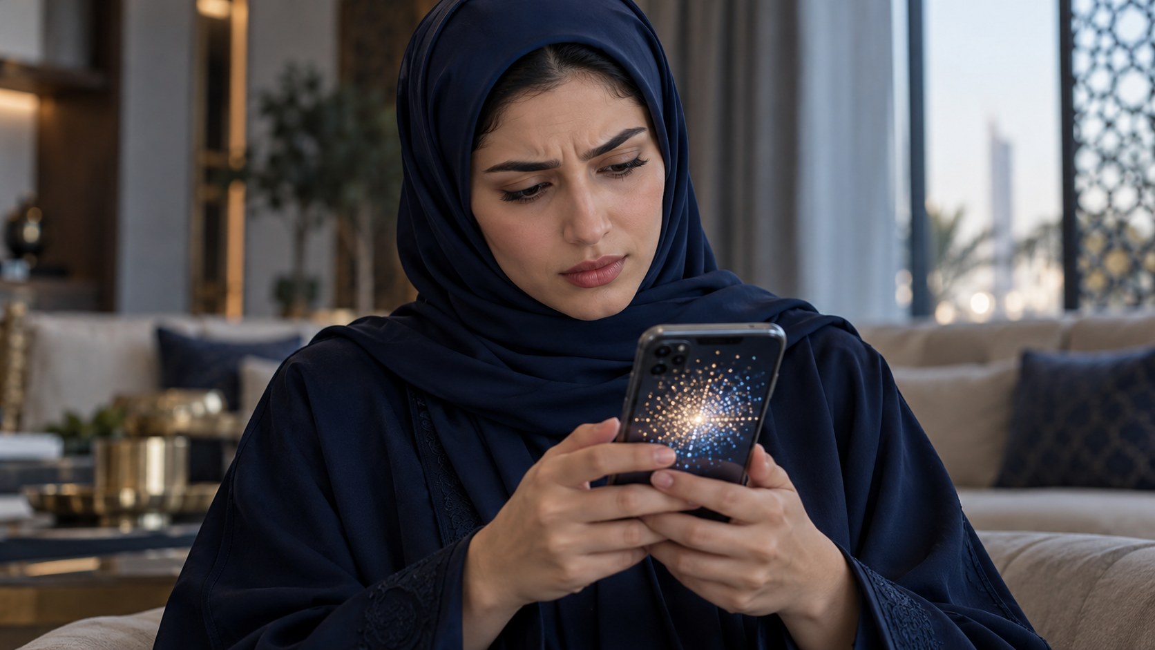 امرأة سعودية تنظر إلى عداد مشاهدات كبير على جوالها بتساؤل
