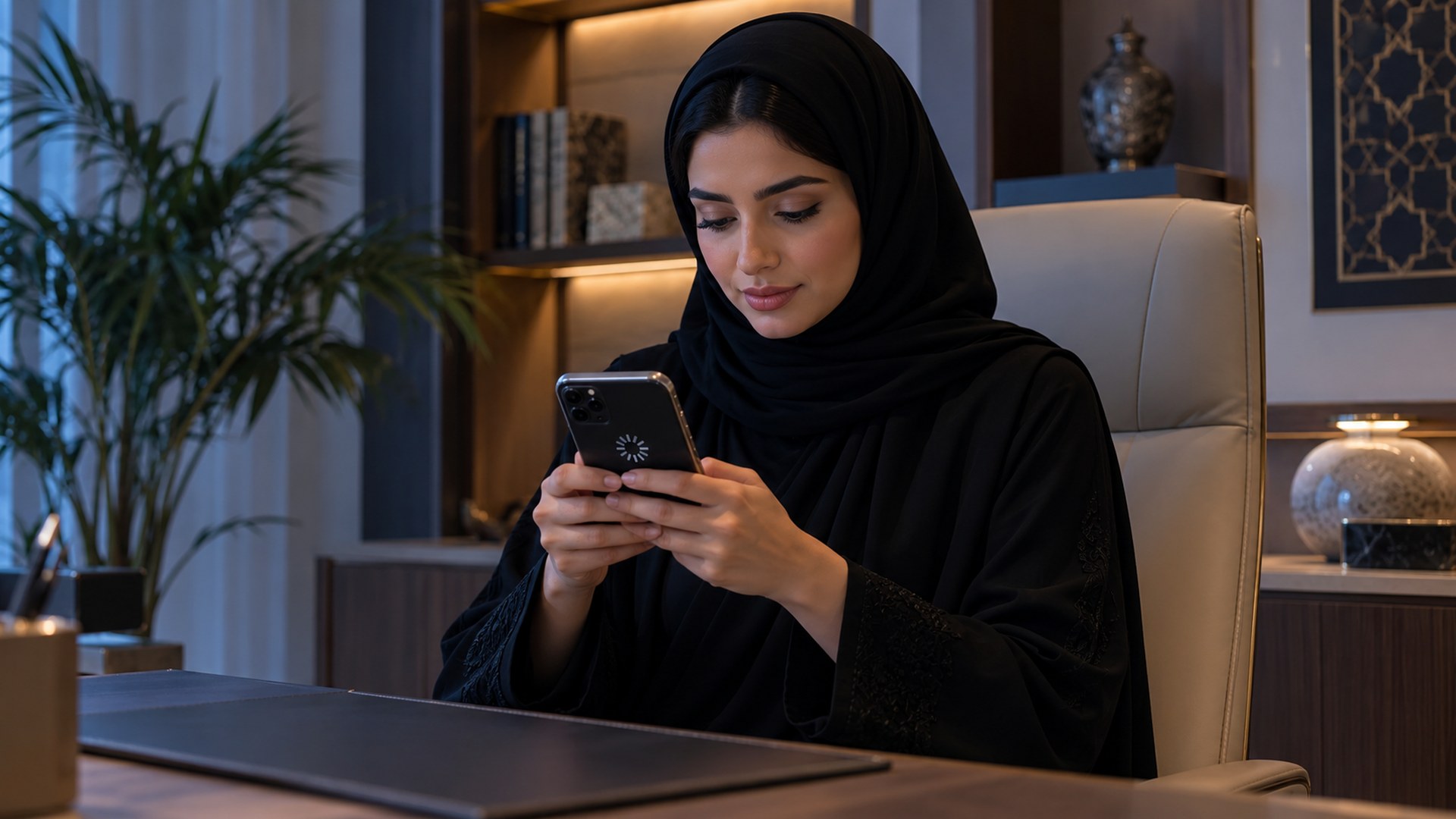 امرأة سعودية تنتظر صفحة لا تزال تحمّل على جوالها في مكتبها المنزلي